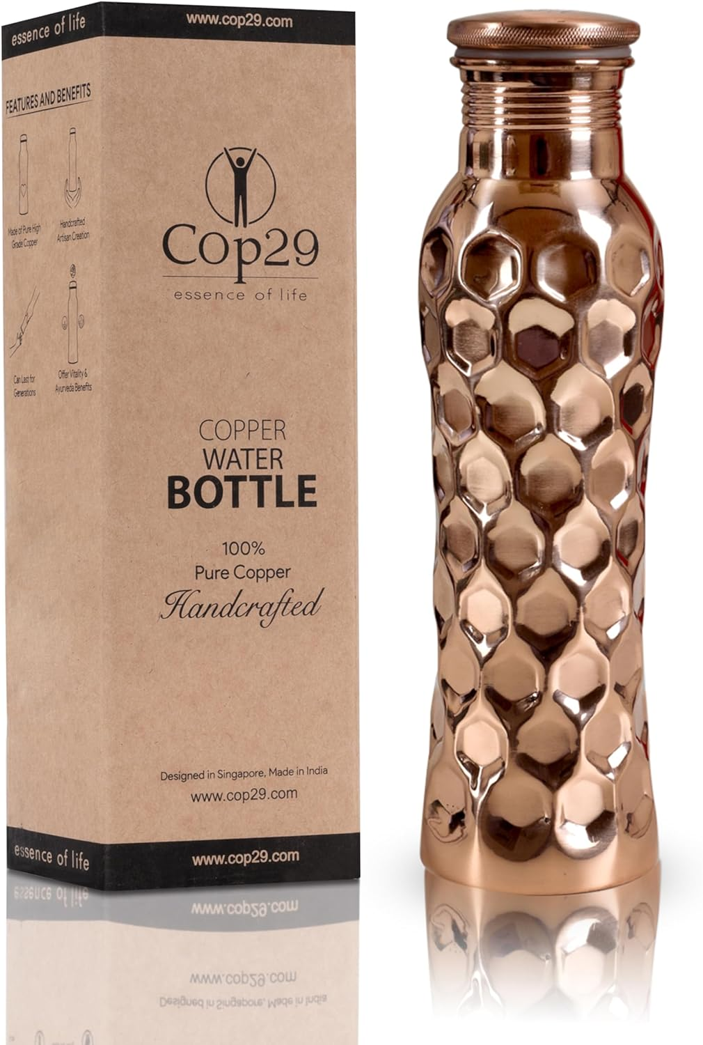 Cop29 Fairy Copper Glossy Honeycomb Water Bottle- 30Oz/900Ml | a Handcrafted Leak Proof Ayurvedic Pure Copper Vessel | Ideal for Hydration, Sports, Yoga & Daily Use | Enjoy the Health Benefits image number 2