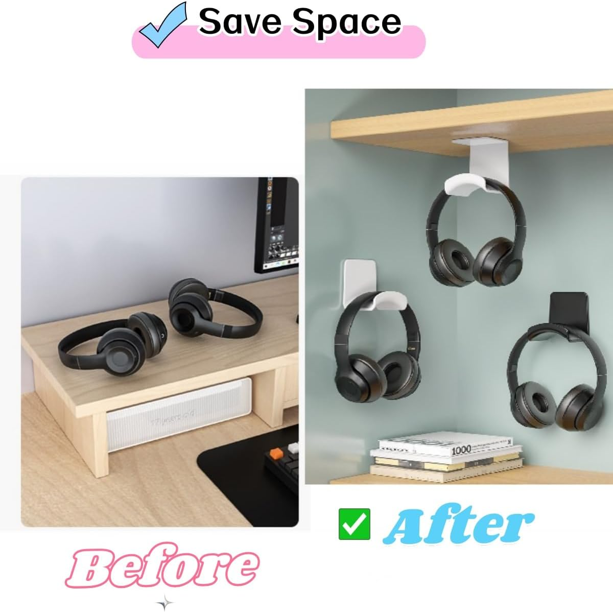 ME-E Mini Headphone Stand for Desk &ndash; under Desk Headset Wall Mount with Strong Adhesive Hook, Compatible with Airpods Max &Most Headphone/Controller (Under Desk/Blue) image number 1