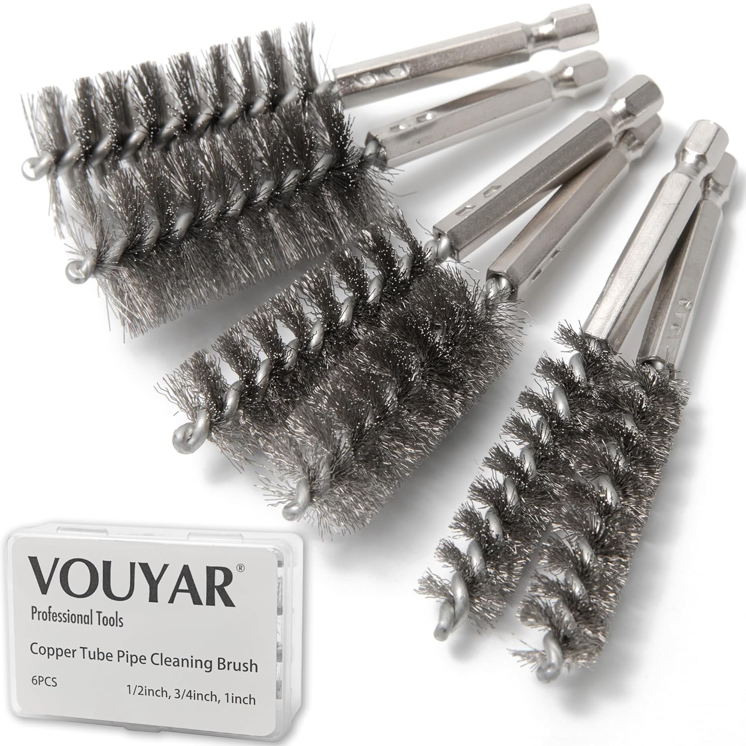 Vouyar 6Pcs Copper Tube Pipe Cleaner, 1/2&rdquo; 3/4&rdquo; 1&rdquo; Pipe Cleaning Brush Set, Stainless Steel Wire Bore Brushes for Power Drill, 1/4 Inch Hex Shank image number 4