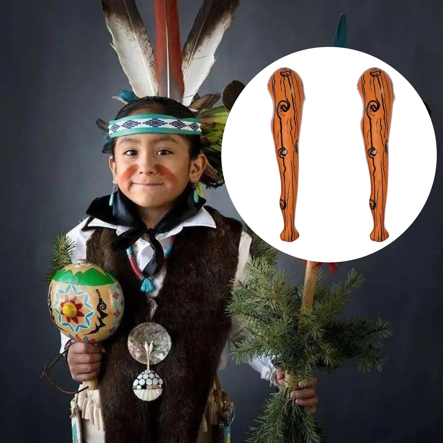 Kuskins 2 Pack Inflatable Caveman Clubs - 26Inch Stone Age Bats for Halloween, Cosplay & Costume Accessories - Adult Cave Man Props, Themed Party Decor, Inflatable Baseball Bat (Brown, S) image number 2