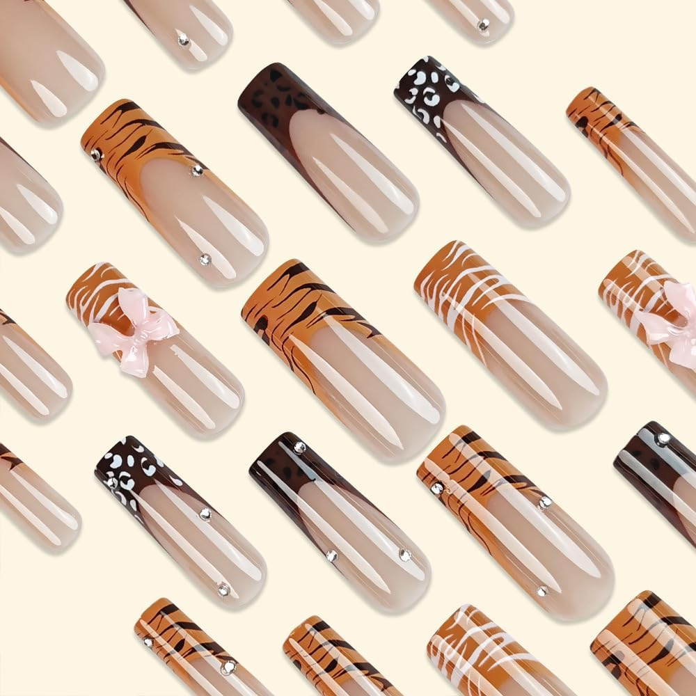 Press on Nails, Bow Leopard French Fake Nails, Artificial Nails for Women and Girls -24 Pc