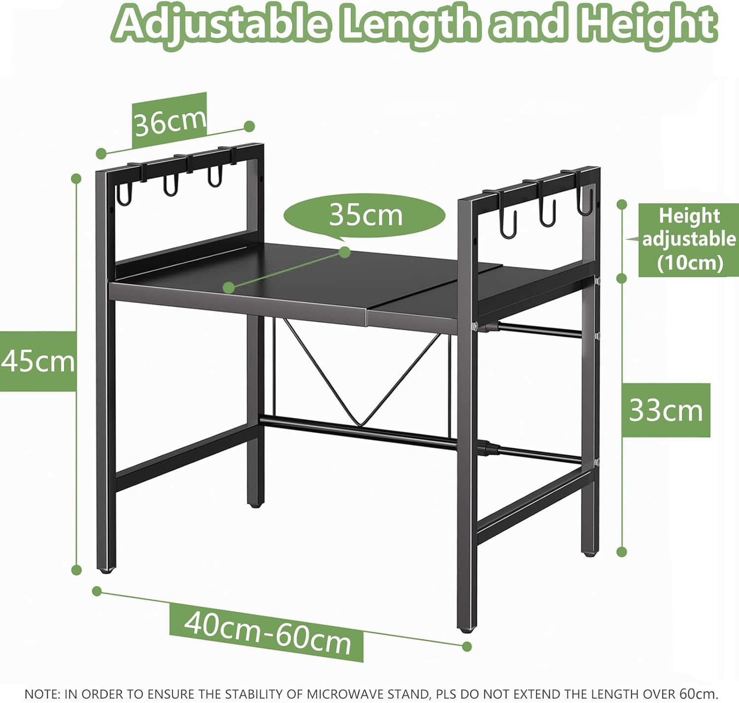 Neulsun Expandable Microwave Stand, 2 Tier Metal Kitchen Countertop Organizer Shelves with 6 Hooks, Microwave Shelf, Microwave Oven Rack (Black) image number 5