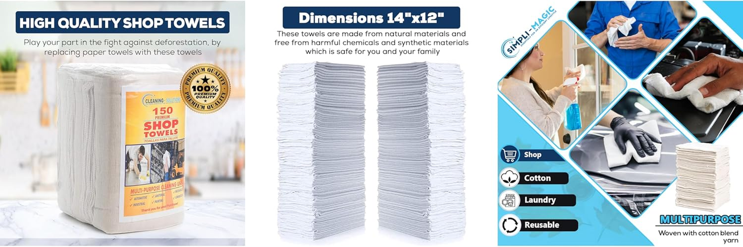 SIMPLI-MAGIC 79142 Shop Towels 14"X12", 150 Count (Pack of 1), Cotton, White - White- Full Case image number 3