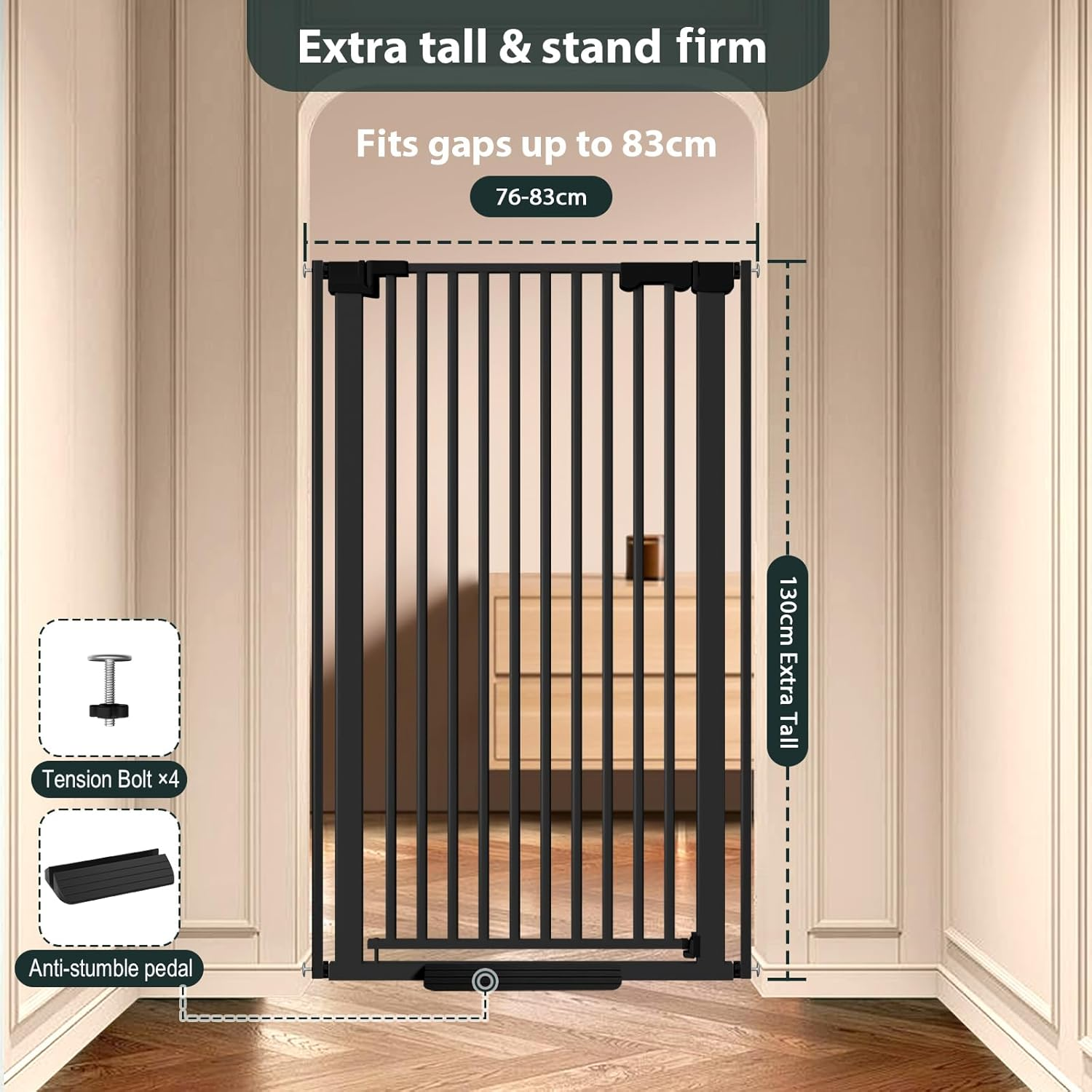 130Cm Extra Tall Cat Gate Barrier for Doorways No Jumping Over, 76-83Cm Wide Pressure Mounted Pet Dog Gates No Drill Auto Close, Cat Fence Indoor Climb Proof (Black) - 76-160 Centimeters Wide