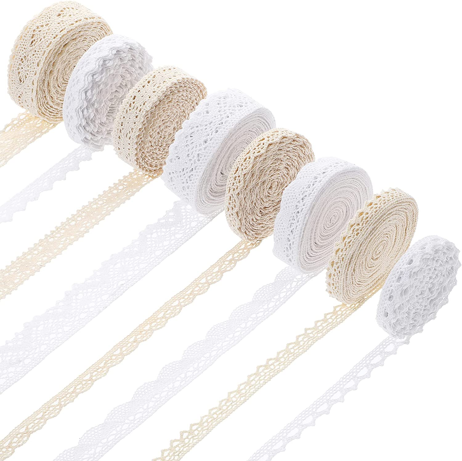 Tatuo 40 Yards Cotton Lace Trim Vintage Ribbon Crochet Cotton Lace Scalloped Edge for Bridal Wedding Decoration Christmas Package DIY Sewing Craft Supply, 5 Yards Each, 8 Styles(Beige)