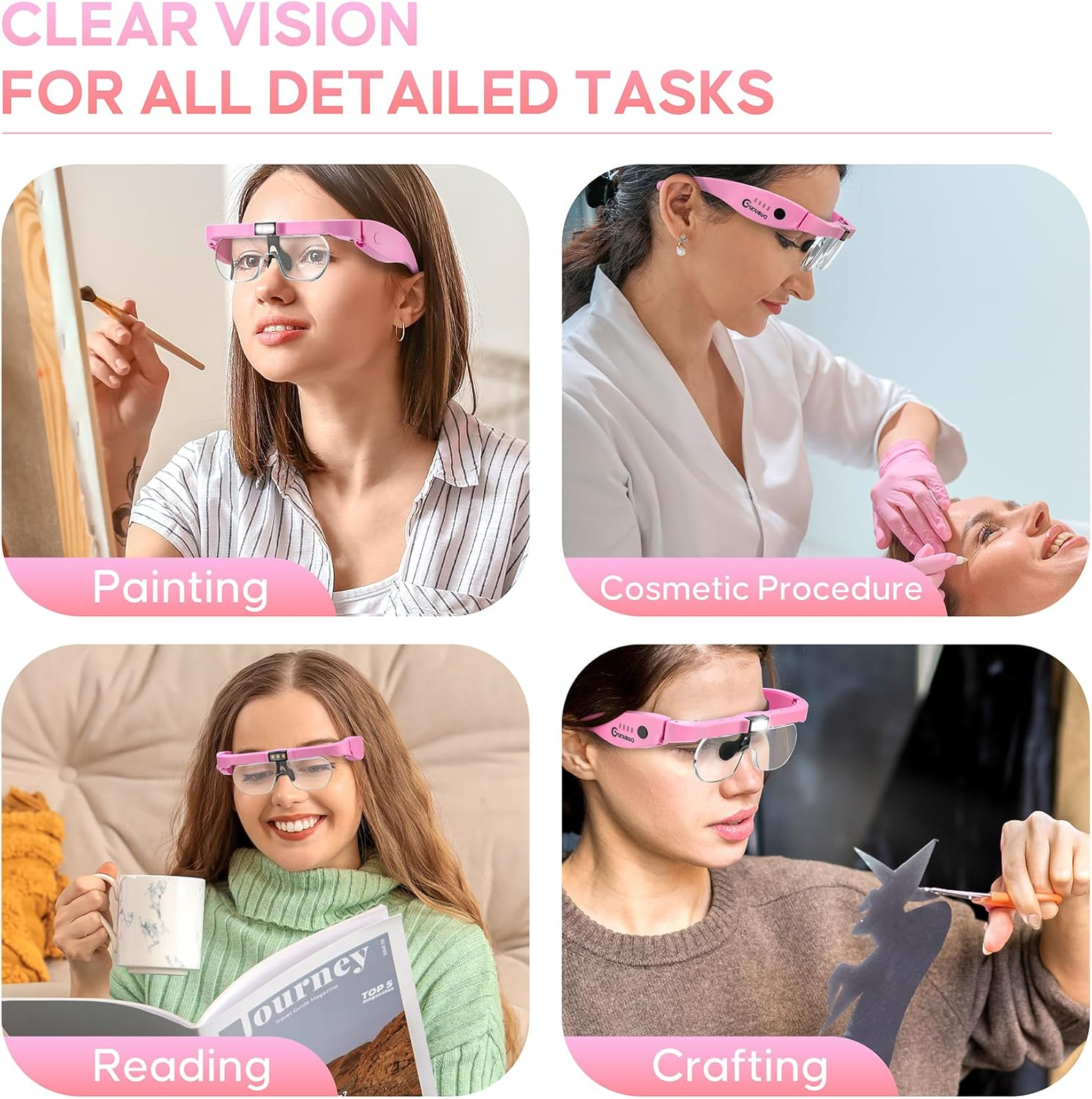 Magnifying Glass with Light, 1.5X-5.0X Magnifying Glasses, Rechargeable Magnifier Headset with Light, Head Magnifier with 4 Detachable Lenses, Magnify Glasses for Close Work Crafts Jewelry