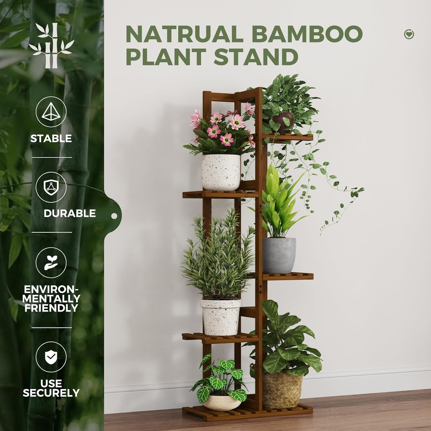 Bamworld Plant Stand Indoor, 5 Tier Bamboo Corner Plant Shelf for Multiple Plants, Small Tiered Flower Stand for Window Garden Balcony Home Decor Living Room Bedroom(Tea Brown) image number 3