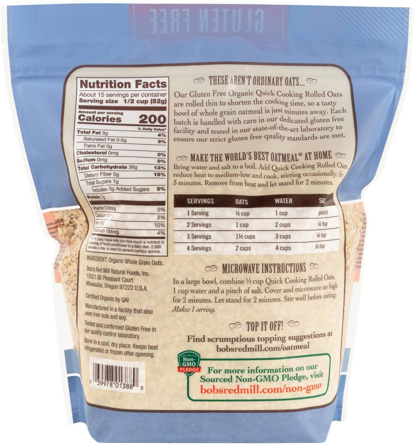 Bob'S Red Mill Bob`S Red Mill Organic Quick Cooking Rolled Oats Pure Wheat Free 794G, 794 G image number 3
