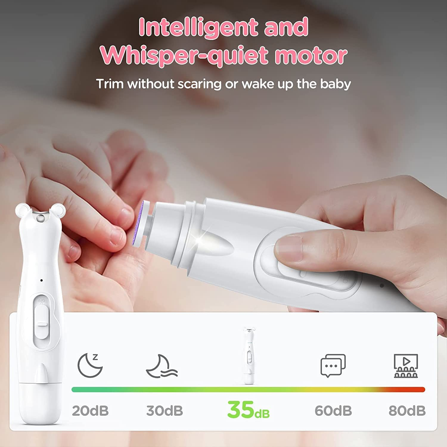 Electric Baby Nail File Trimmer, 2 In1 Rechargeable Baby Nail Clipper Baby Nail File Set with LED Light & 6 Grinding Heads, Care Trim Polish Toes and Fingernail Grooming Manicure Kit for Newborn, Toddler, Kids, Infant (White) image number 3