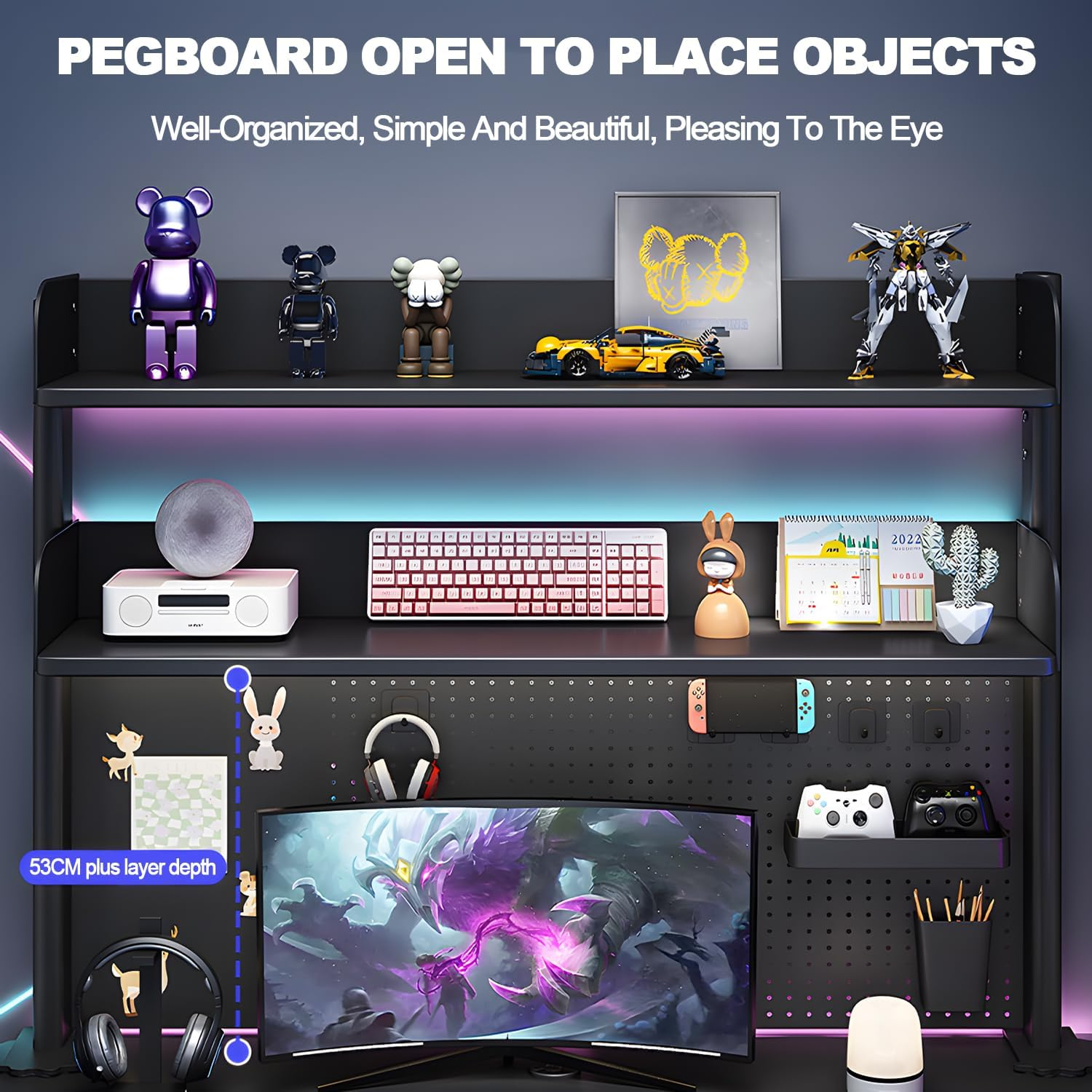 Clamp-On 31.5 Inch above or below Desk 3-Tier Shelving, Desk Organizer Shelf for Office Accessories, Gaming Devices with 20 Pieces Storage Accessories (Black) image number 5