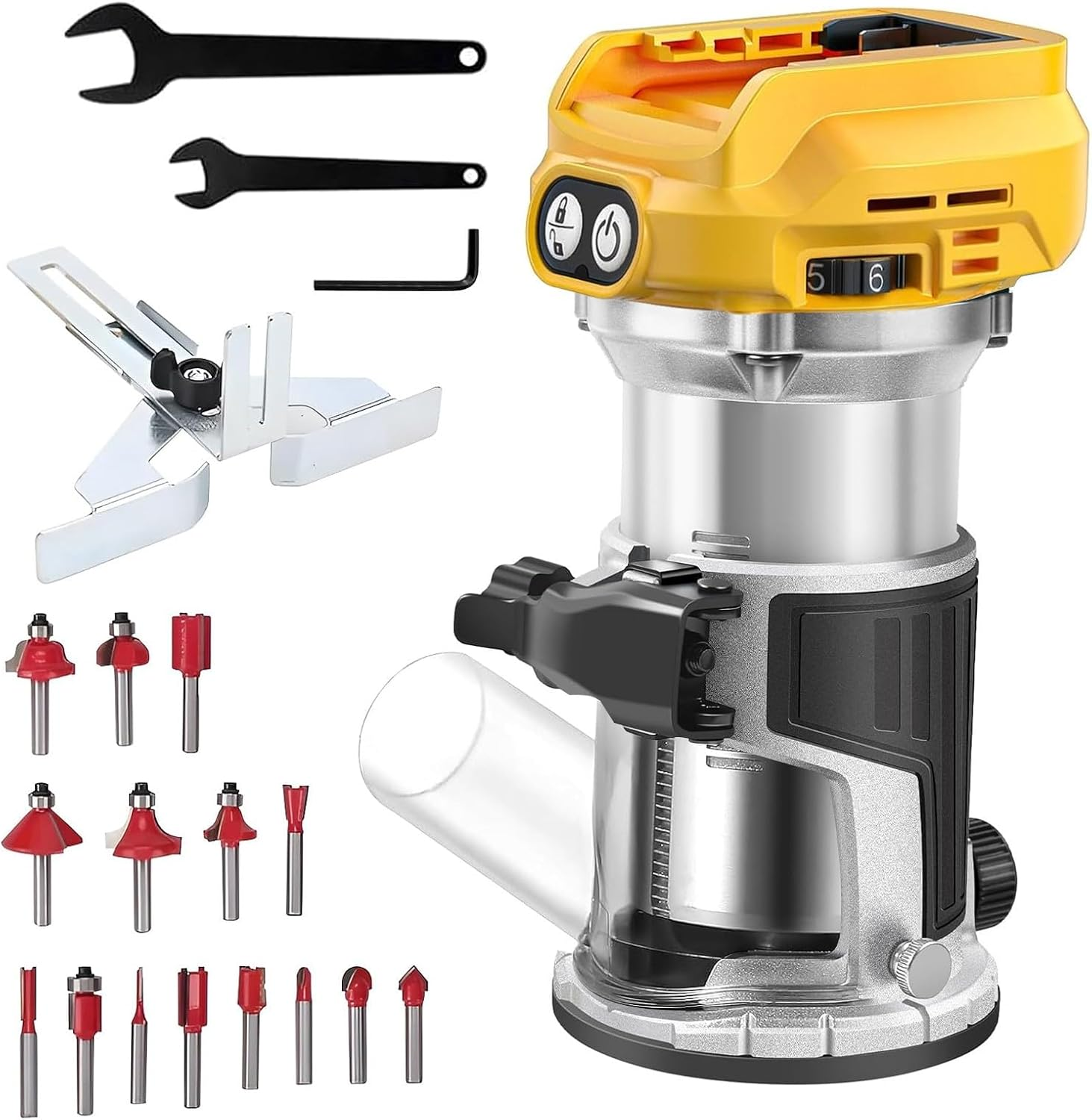 Cordless Power Router Compatible with Dewalt 18V-20V Battery, 800W Brushless Wood Trimmer with 6 Speed, Brushless Router Trimmer, Cordless Wood Trimmer, Straight Guide, 15 Milling Bits and 2 Spanners image number 4