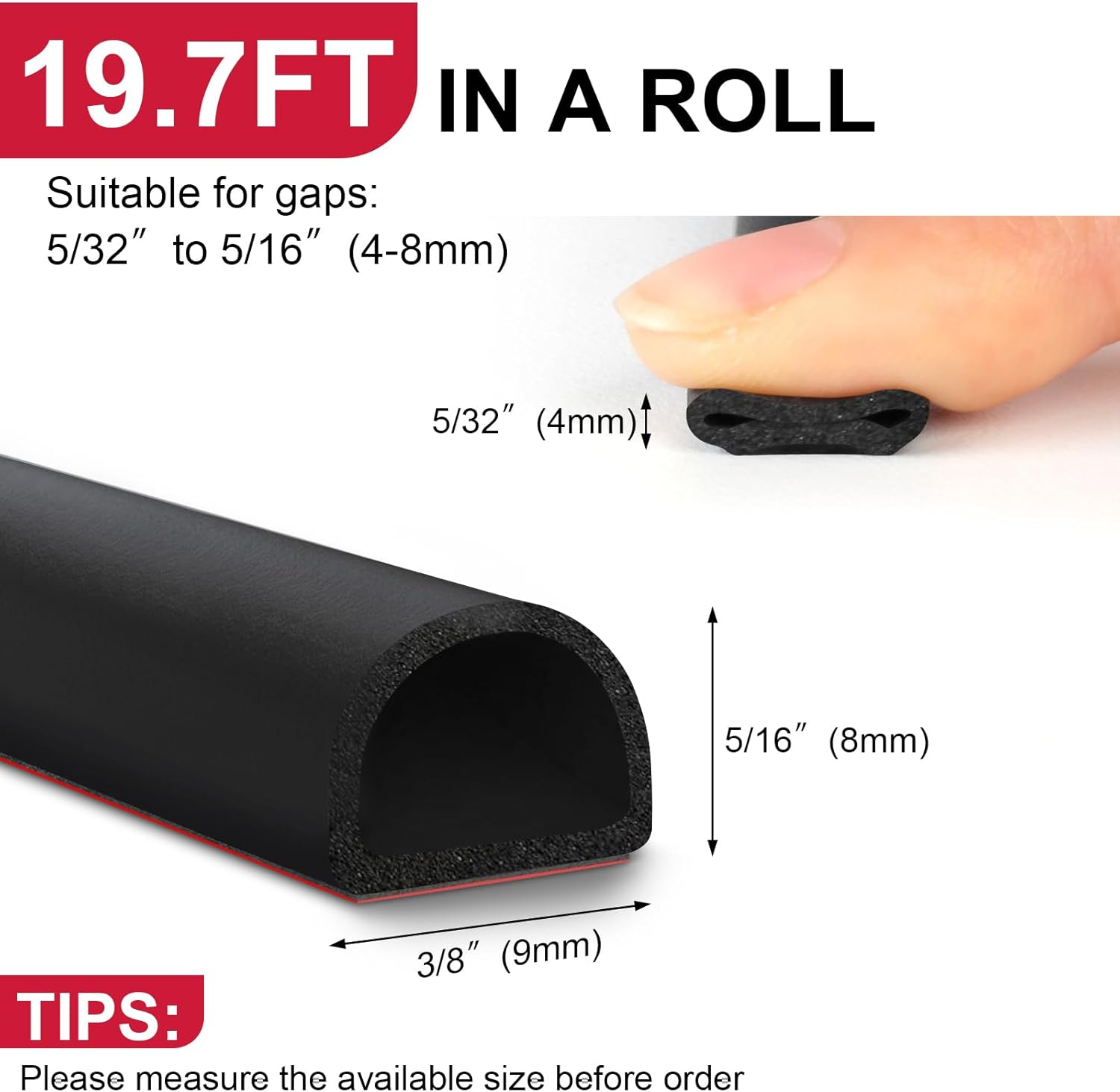 【New Upgrade】 Silicone Door Weather Stripping Door Seal Strip, 19.7 Feet Self-Adhesive D-Shape Door Insulation Strip for Door Frame& Window image number 7