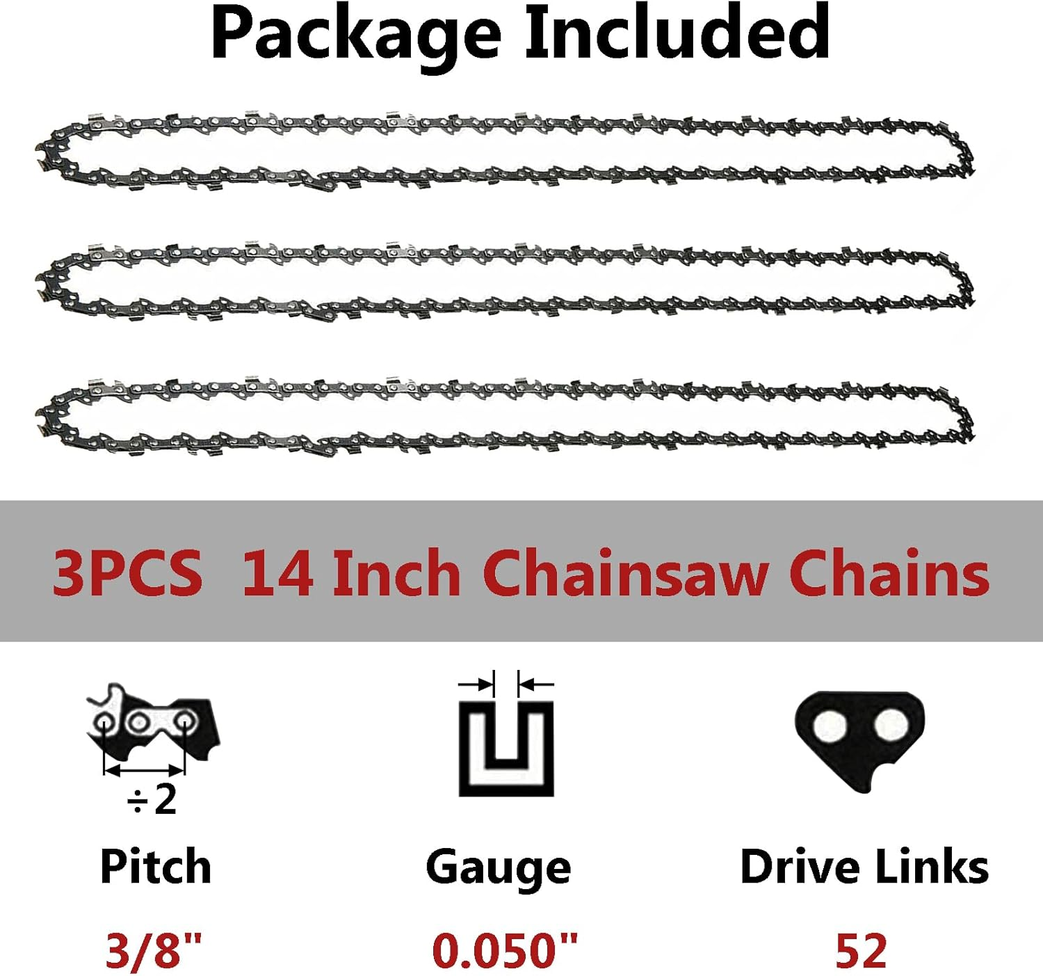 Acbbmns 3Pcs 14" Chainsaw Chains Blade Saw Replacement Semi Chisel, 3/8" Pitch .050" Gauge, 52 Drive Links image number 2