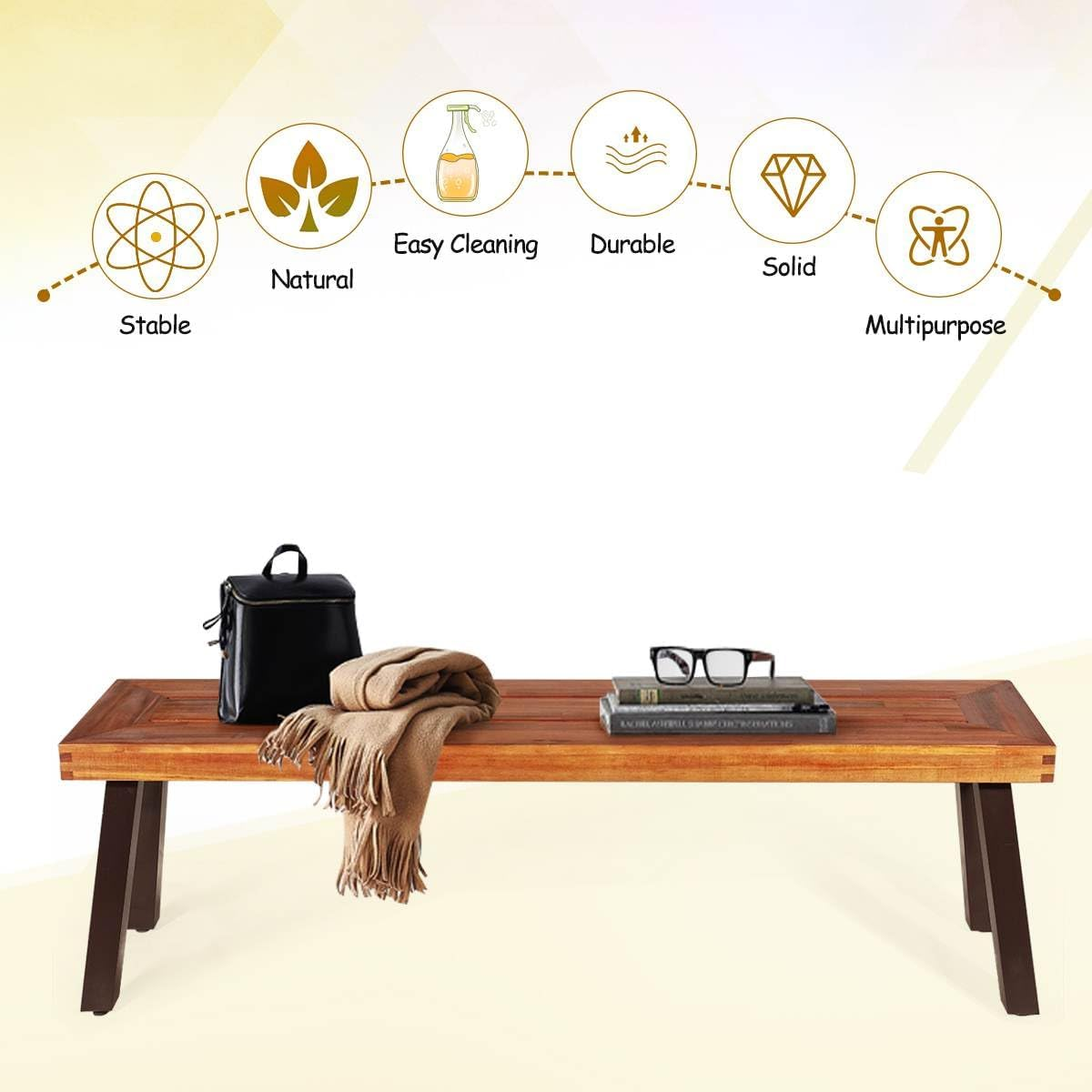 Costway Outdoor Acacia Wood Bench, Patio Dining Wood Bench with Rustic Steel Legs, Natural Bench Backless Dining Stool Seating for Garden Poolside Living Room Balcony, Red Brown (2) image number 5