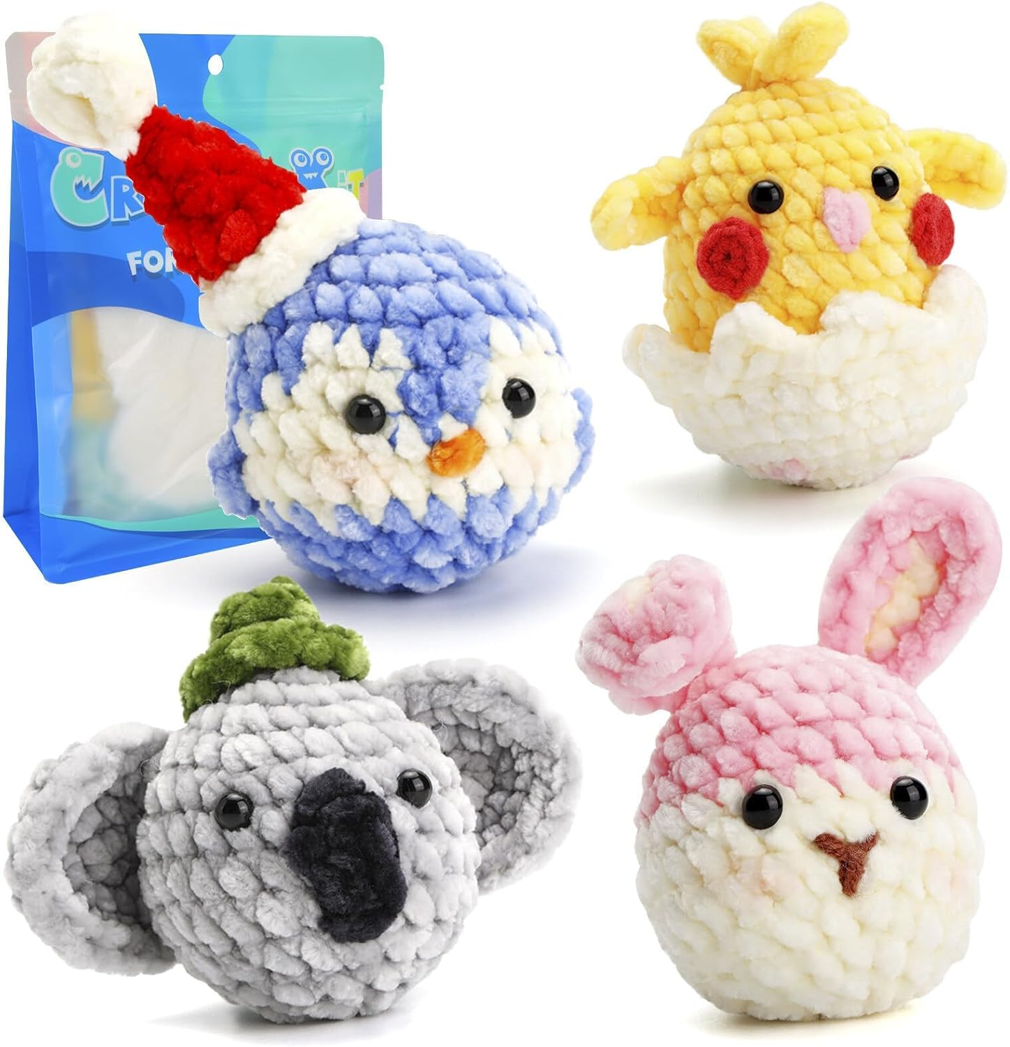Crochet Kit for Beginners, 4 Pattern Animals, Rabbit, Koala, Penguin, Chick, Beginner Crochet Kit for Adults Step-By-Step Video Tutorials Enough Yarn, Stuffing, Hooks and Accessories image number 1