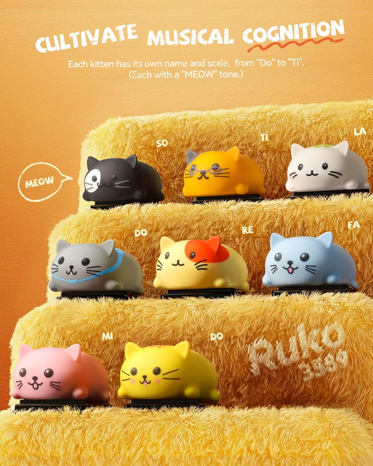 Ruko Musical Cat/Kittens Piano Keyboards with Cute Meow Tone, Touch Play Music Scale, Fun Robot Toy for Kids/Adults, Boys & Girls Age 3 4 5 6 7 8 9, Educational Instrument (8Pcs)