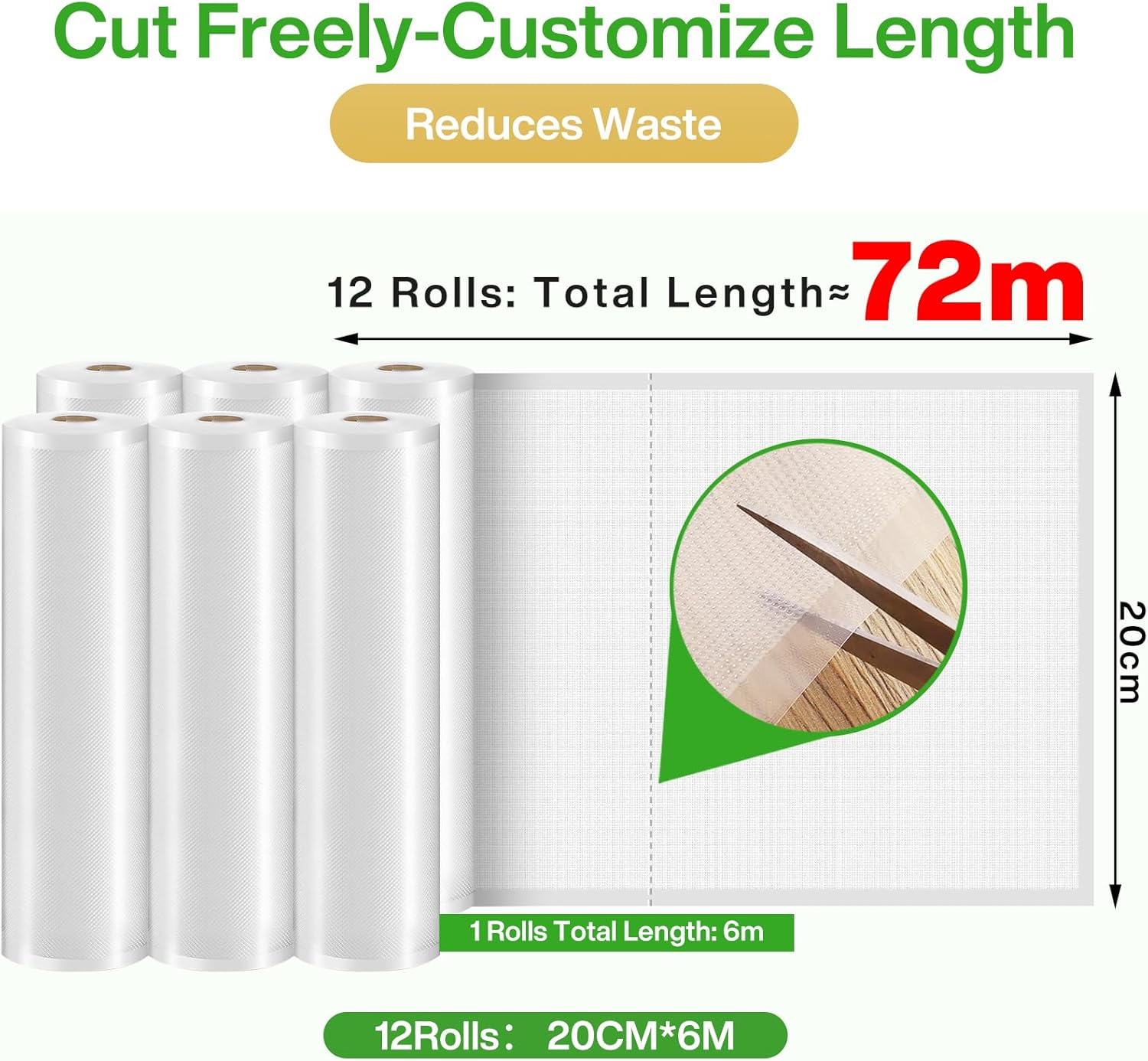 12 Rolls Food Vacuum Sealer Bags 20Cmx6M Vacuum Food Sealer Roll,Ideal Vacuum Sealer Bags for Food Saver,Universal Compatible with All Machines,Food Saver, Seal a Meal image number 4