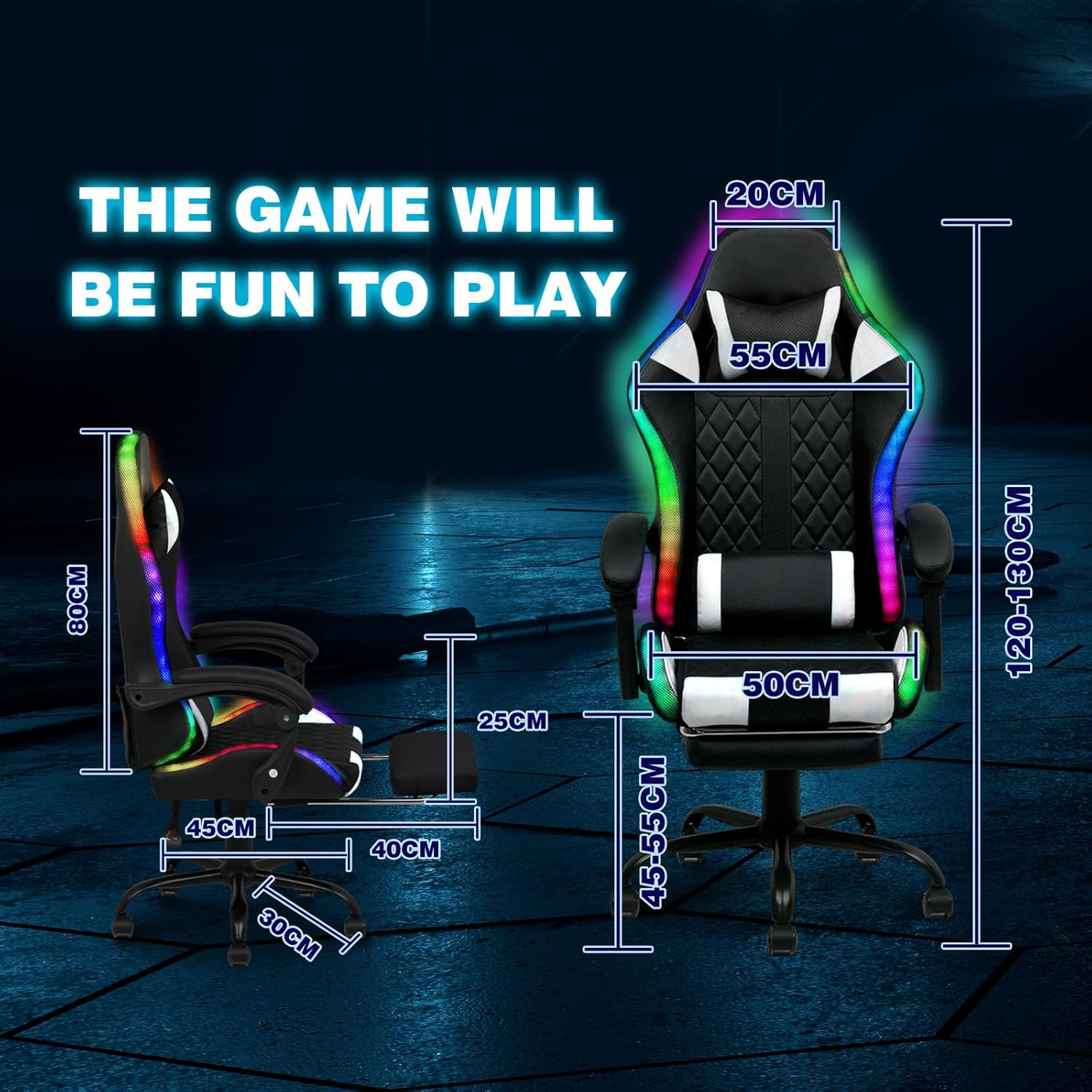 Ufurniture Gaming Office Chair RGB LED Lights,High Back Massagers Racing Recliner with Footrest,Ergonomic Executive Computer Chair with Lumbar Support,360&deg;Swivel,10Cm Height Adjustment Black & White - Full Black image number 7