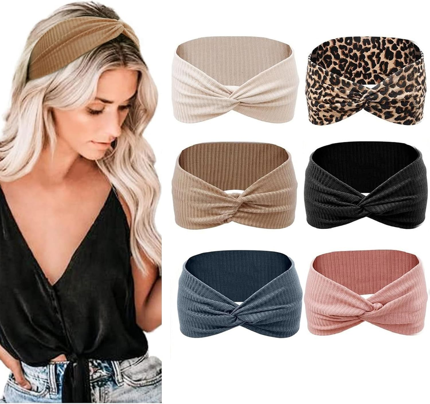 Pack of 6 Women'S Knitted Hair Bands, Multicoloured Wide Hair Bands, Sports Headband for Fitness, Yoga, Running, Workout, Wide Elastic Headband for Women and Girls image number 3