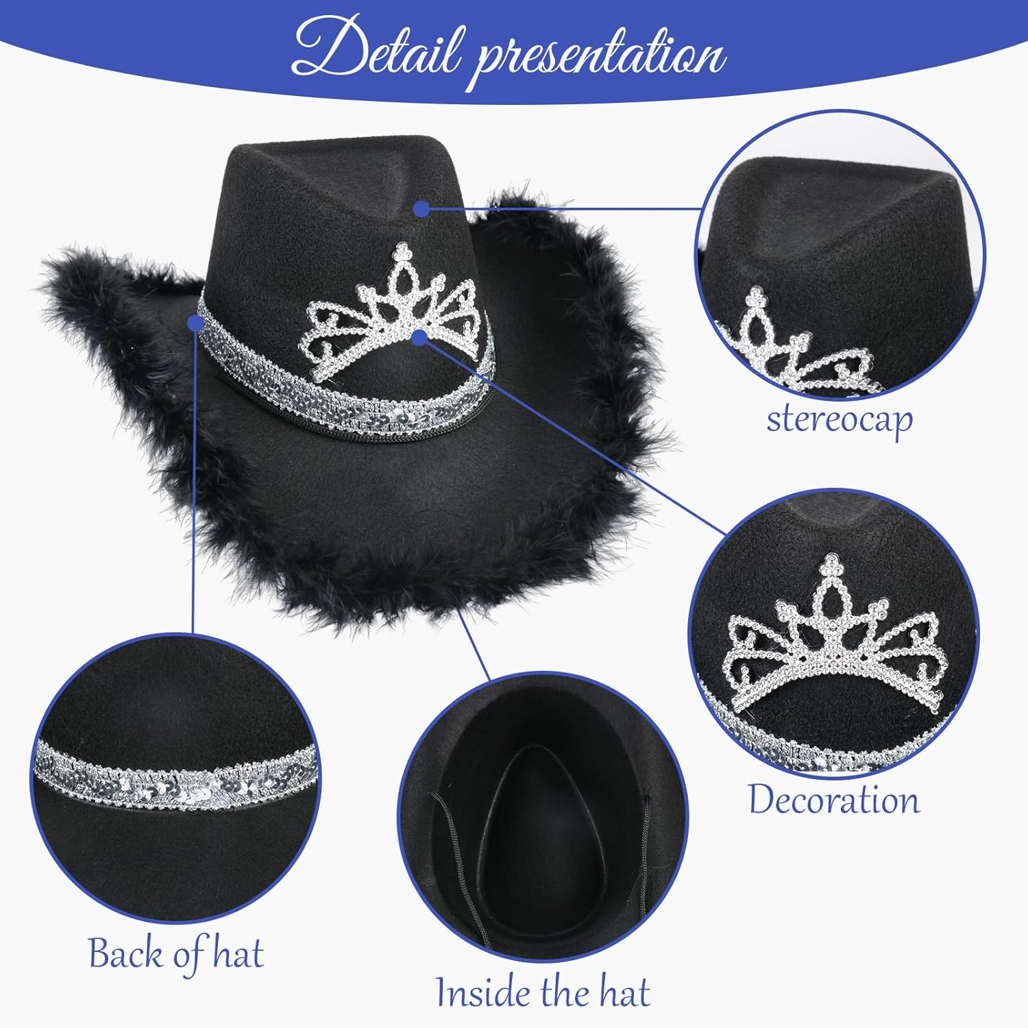 Black Cowboy Hat with Feathers Crown for Women Ideal for Bachelorette Parties Halloween Costume and Themed Events image number 2