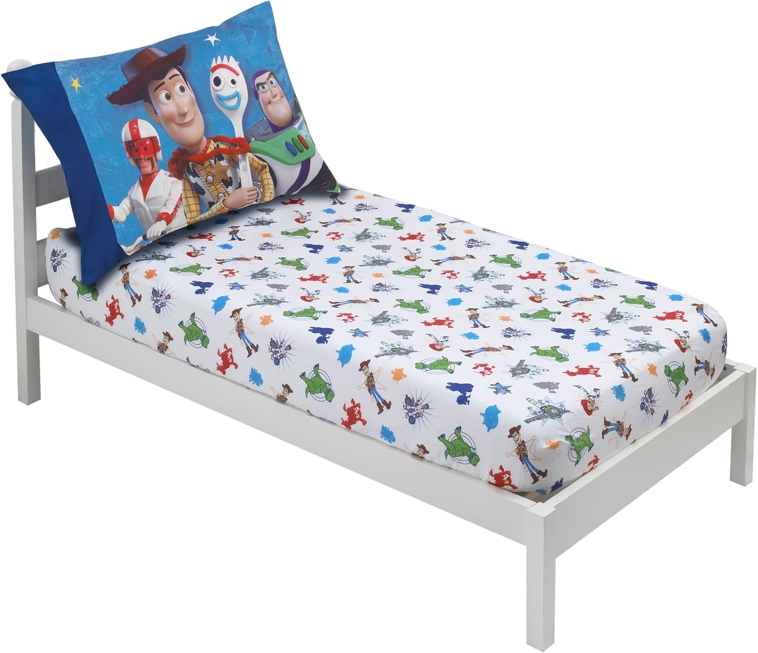 Disney Toy Story 4 - Blue, Green, Red & White 2 Pack Toddler Fitted Crib Sheet & Standard Size Pillowcase Set, Blue, Green, Red, White image number 3