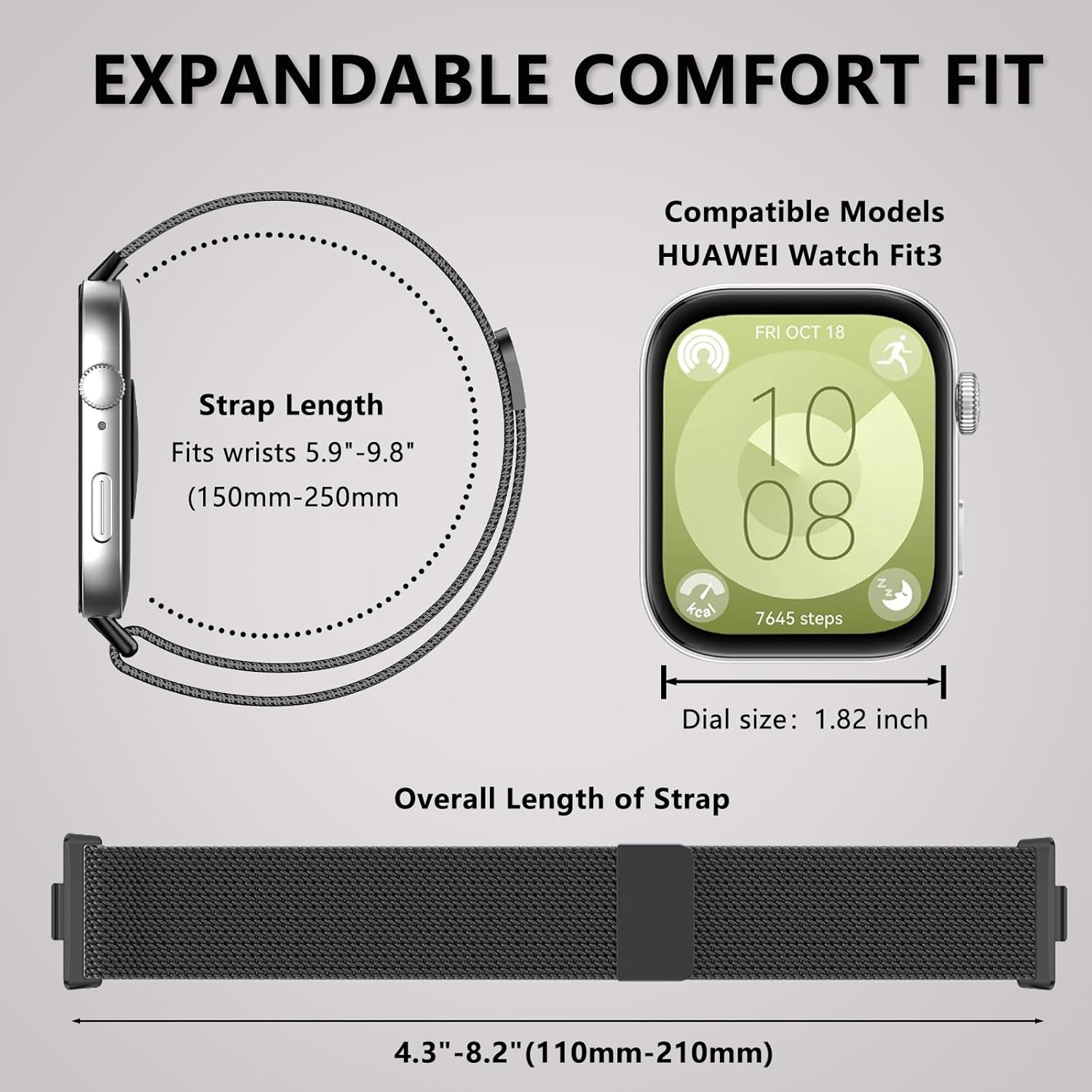 Hinnwer Bracelet for Huawei Watch Fit 3 Magnetic Watch Strap Stainless Steel Metal Replacement Strap Stainless Steel Strap Quick Release for Huawei Watch Fit 3 - Gray image number 6