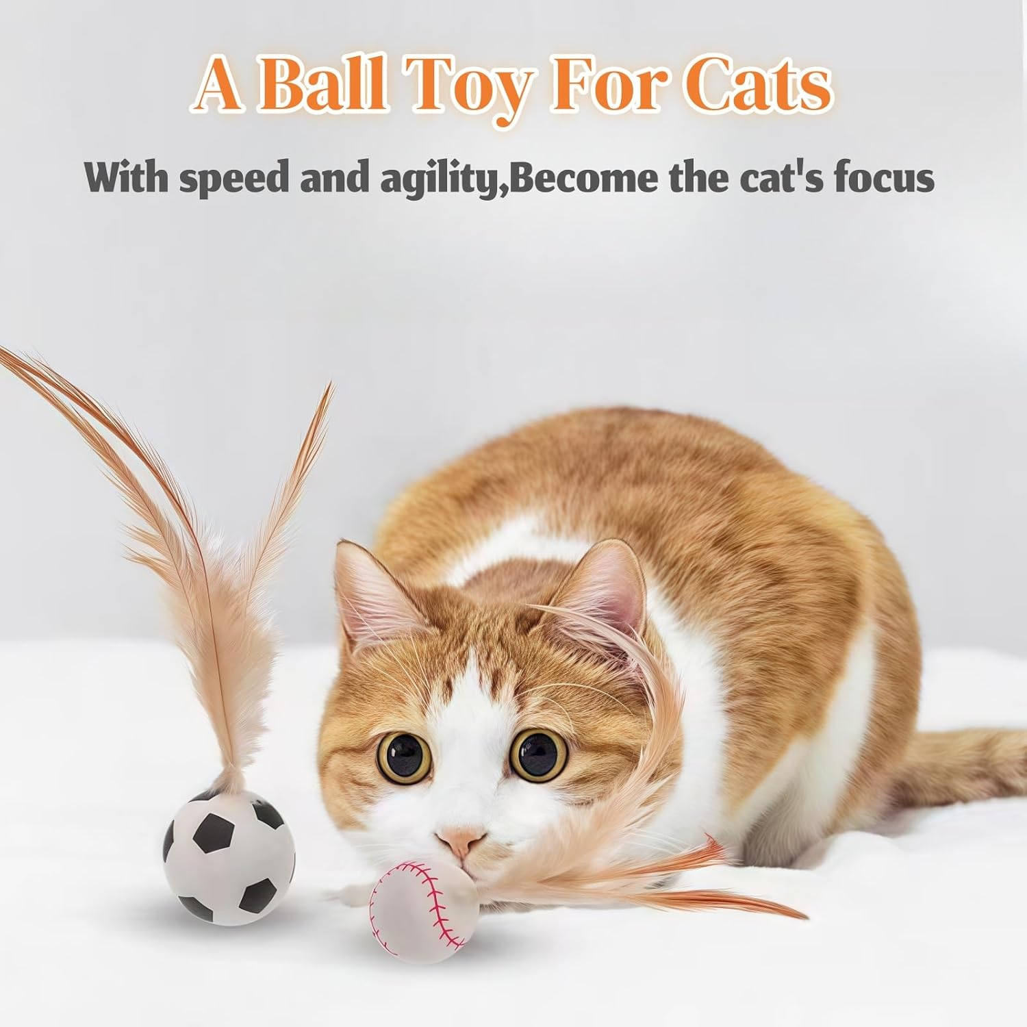 3 PCS Cat Bouncy Ball with Feather,Cat Feather Toys, Feathered Bouncing Cat Balls, Rubber High Rebound Nteractive Cat Toy Ball, Bouncy Tails Cat Toys for Indoor Outdoor Cats Pet image number 2