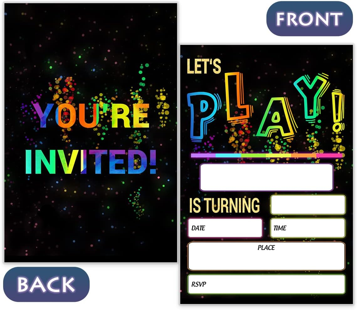SHLINCO Glow Let'S Play Birthday Party Invitations for Boys Girls, Neon Party Invites for Kids, Double Sided Design(20 Cards + Envelopes)