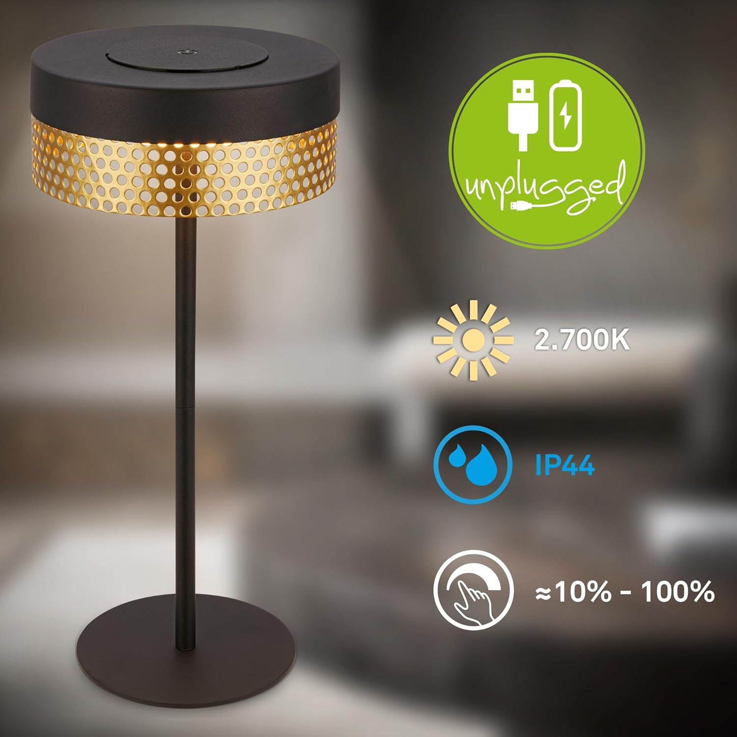 BRILONER - LED Table Lamp Wireless IP44 with Touch, Dimmable, Battery Replaceable, Bedside Lamp, Reading Lamp, LED Lamp, Decorative Lamp, Table Lamp, Battery Lamp, Outdoor Lamp, 16 X 35 Cm, Black/Gold - Black-Gold image number 4
