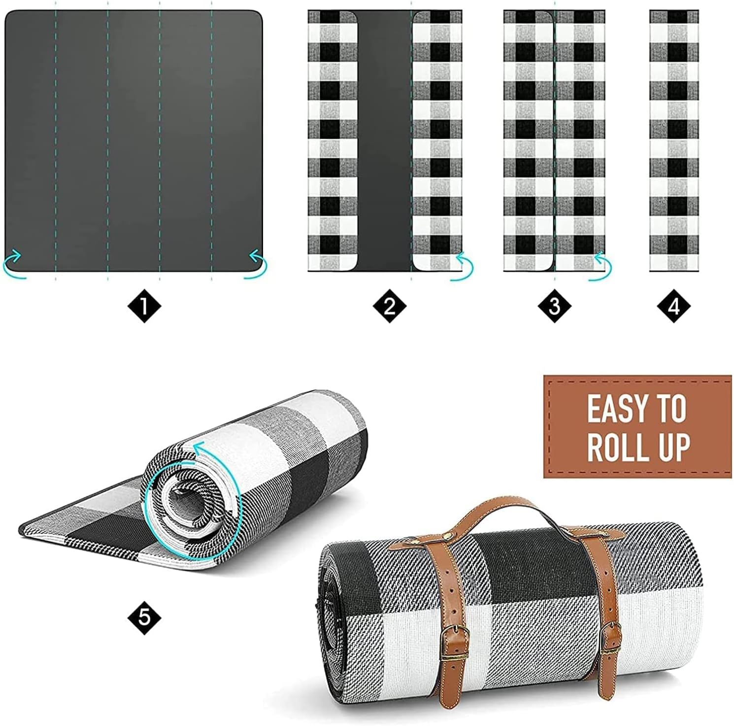 Picnic Blanket, Foldable Camping Blanket, Large Outdoor Waterproof and Sandproof Beach Blanket, for Family Vacation, Camping, Hiking, Outdoors, Park, Beach, Grass (Black) image number 5