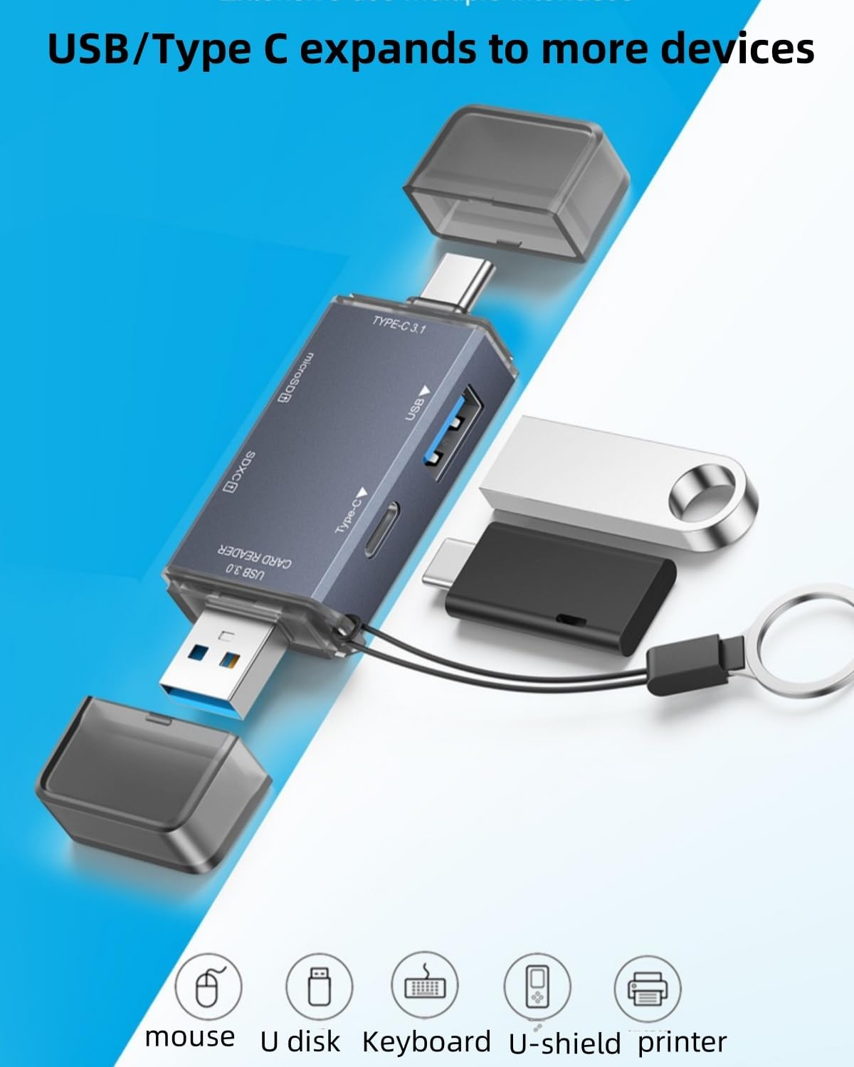 External Memory Card Readers, 6 in 1 USB 3.0 Card Reader, Aluminum Dual Connector USB C SD Card Reader Compact Flash Reader OTG Adapter Supports Tf/Sd/Microsd for Iphone, Laptop,Tablet,Camera Etc. image number 1