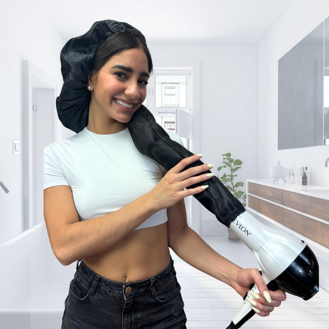 Dompel Black Hooded Hair Dryer, Satin Diffuser Cap | Enhance Hair Drying, Reduce Frizz, Protect Hair, Diffuser Cap Curly |100% Satin Universal Fit for Most Hair Dryers | Elastic Band | SIZE S image number 5