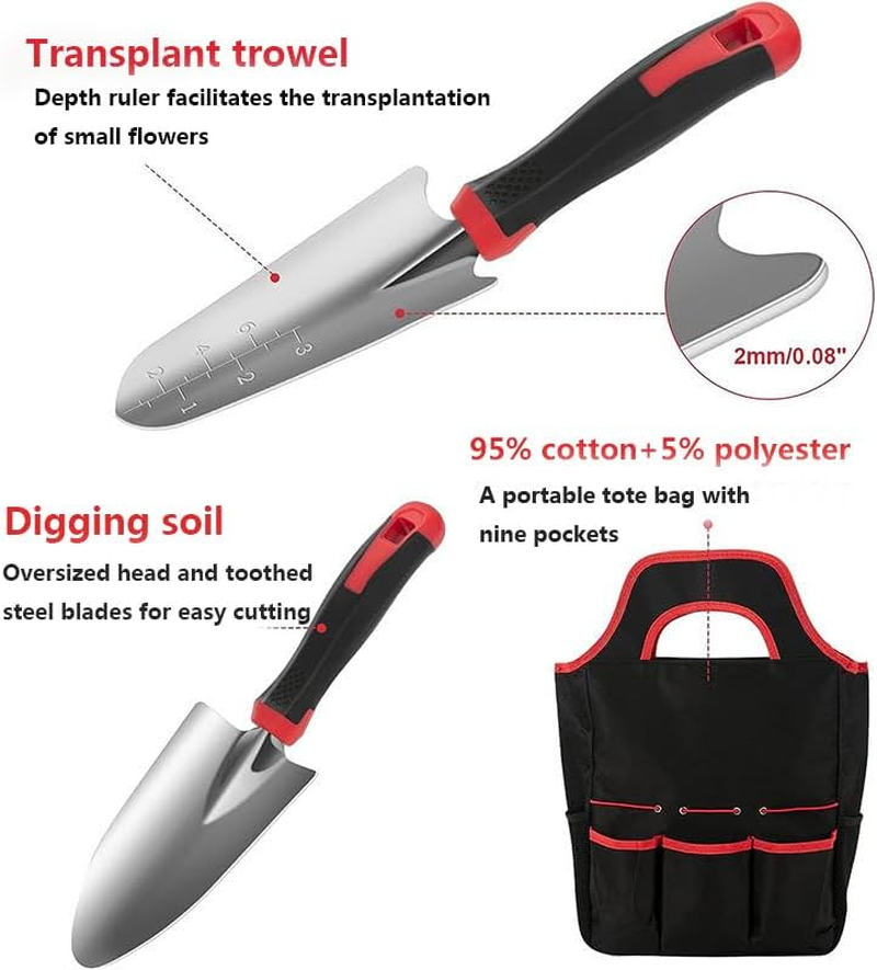 8 Piece Stainless Steel Gardening Tool Sets,Heavy Duty Outdoor Hand Tools Garden Tool Set with Non Slip Rubber Grip,Uprooting Weeding Tool, Gifts for Women Men (Red) image number 4