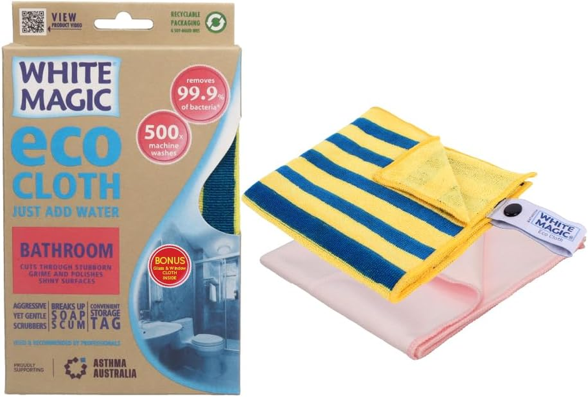 White Magic Eco Cloth Bathroom/With Bonus Window Cloth, Cuts through Stubborn Grime & Polishes Shiny Surfaces, Durable & Quick-Drying Microfibre for Sinks, Showers, Tubs, and Tiles image number 2