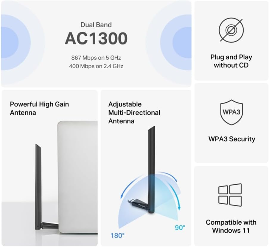 Mercusys AC1300 High Gain Wireless USB Adapter, Dual Band, Plug and Play, MU-MIMO, WPA3 Security, Adjustable Multi-Directional Antenna, Compatible with Windows 10/11 (MA30H) image number 1