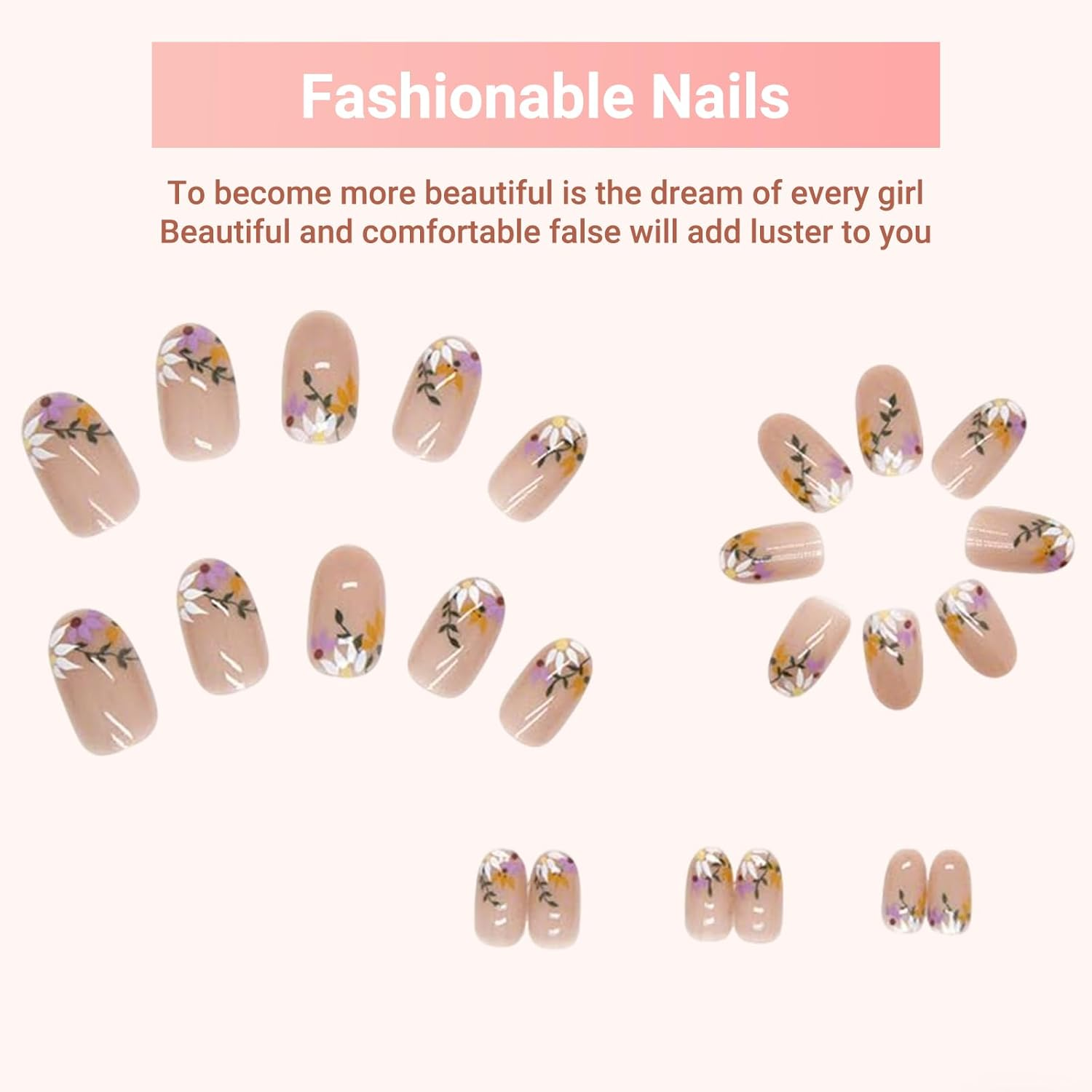 24-Set Press on Nails Almond Medium French Tip Acrylic Fake Nails with Delicate Floral Designs Full Cover Reusable Almond False Nails Set, Nails Stick for Women