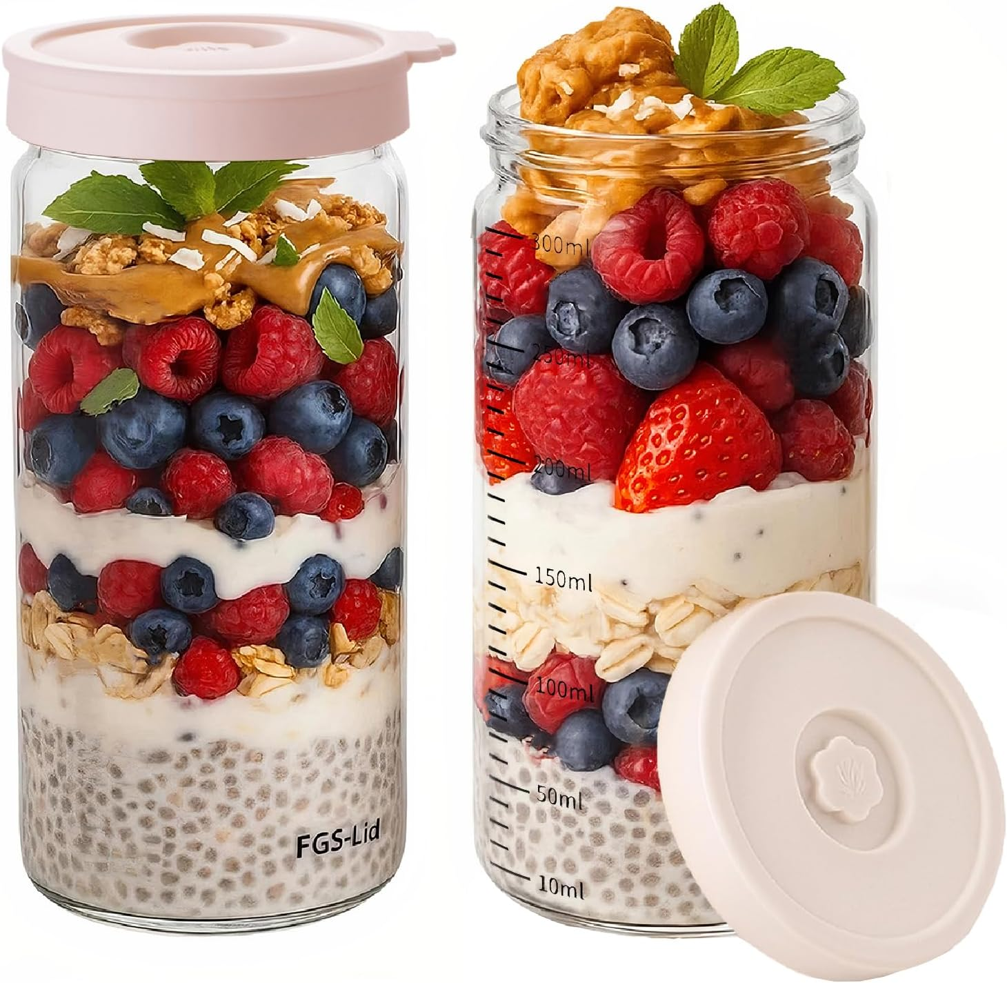 Overnight Oats Containers with Silicone Airtight Lids - 2-Pack 10Oz Wide Mouth Mason Salad Jars, Airtight Glass Containers/Meal Prep Jars for Juice, Chia, Pudding, Yogurt, Cereal, Sugar,Snack.