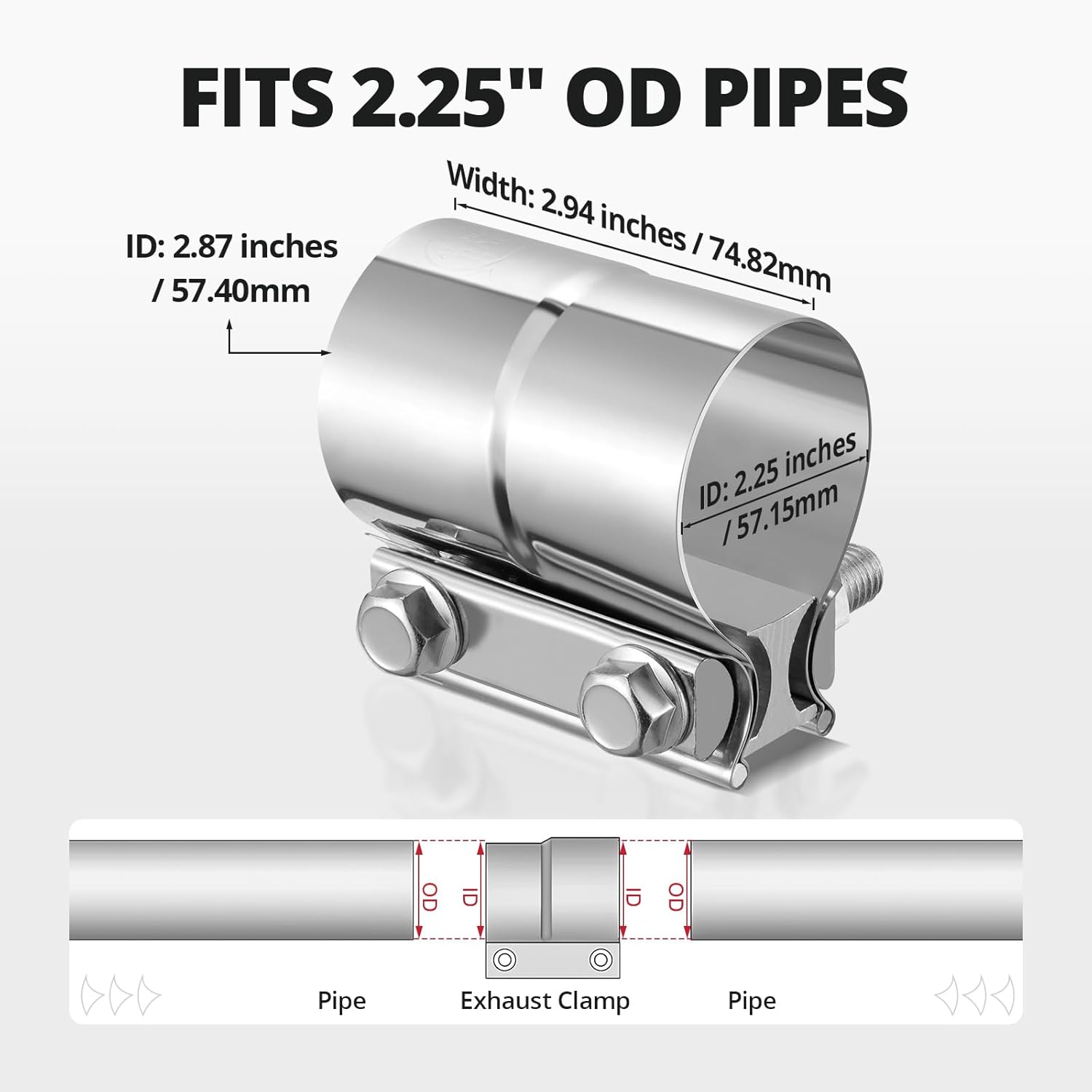 EVIL ENERGY 2.25Inch 2 1/4 Lap Joint Exhaust Band Clamp Exhaust Repair Preformed 304 Stainless Steel 2Pcs