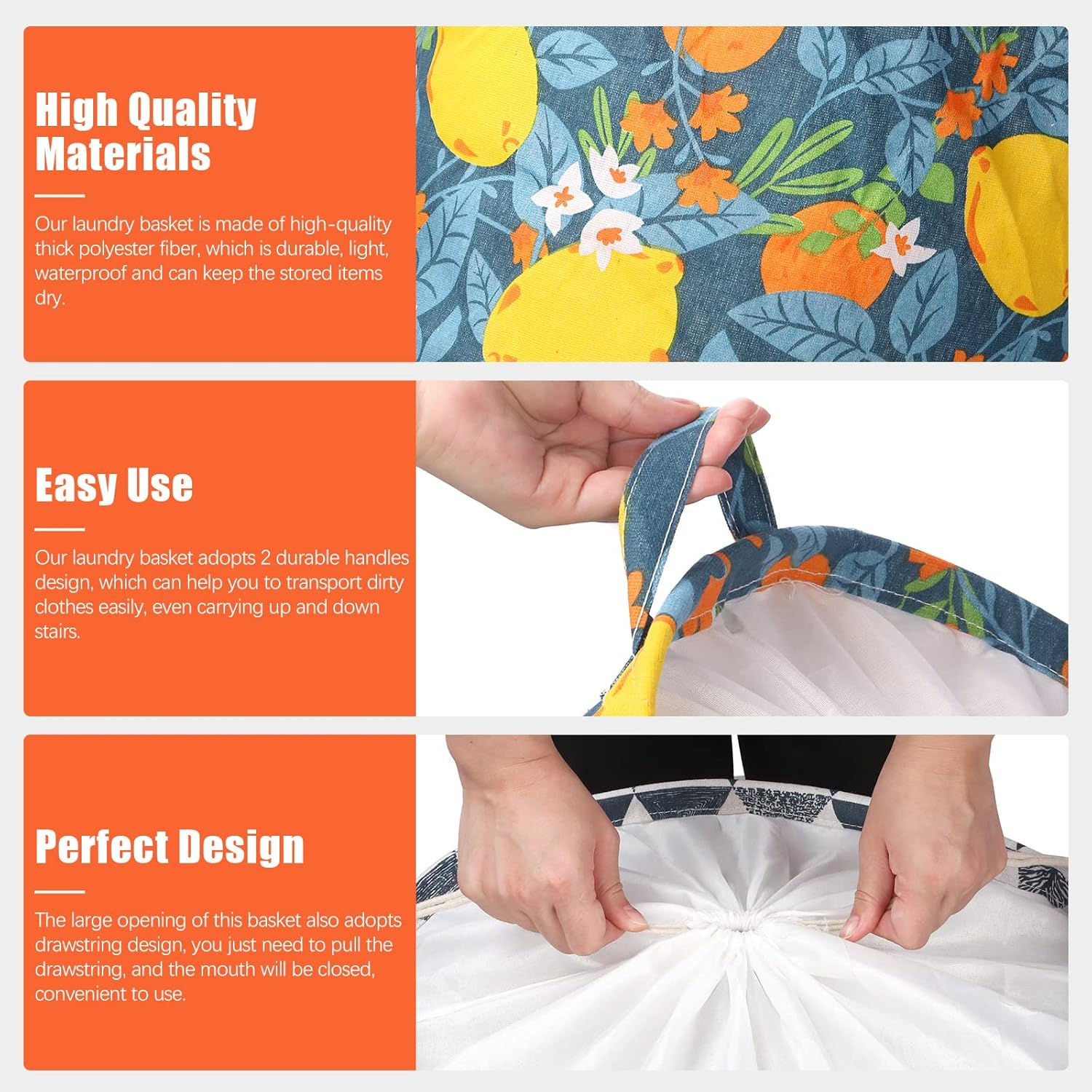 Tanstic 1Pc Freestanding Laundry Basket with Black Lattice Pattern, Foldable Large Drawstring Clothes Hamper Collapsible Fabric Bag with Leather Handle for Clothes Washing (15.7X19.6 Inch)