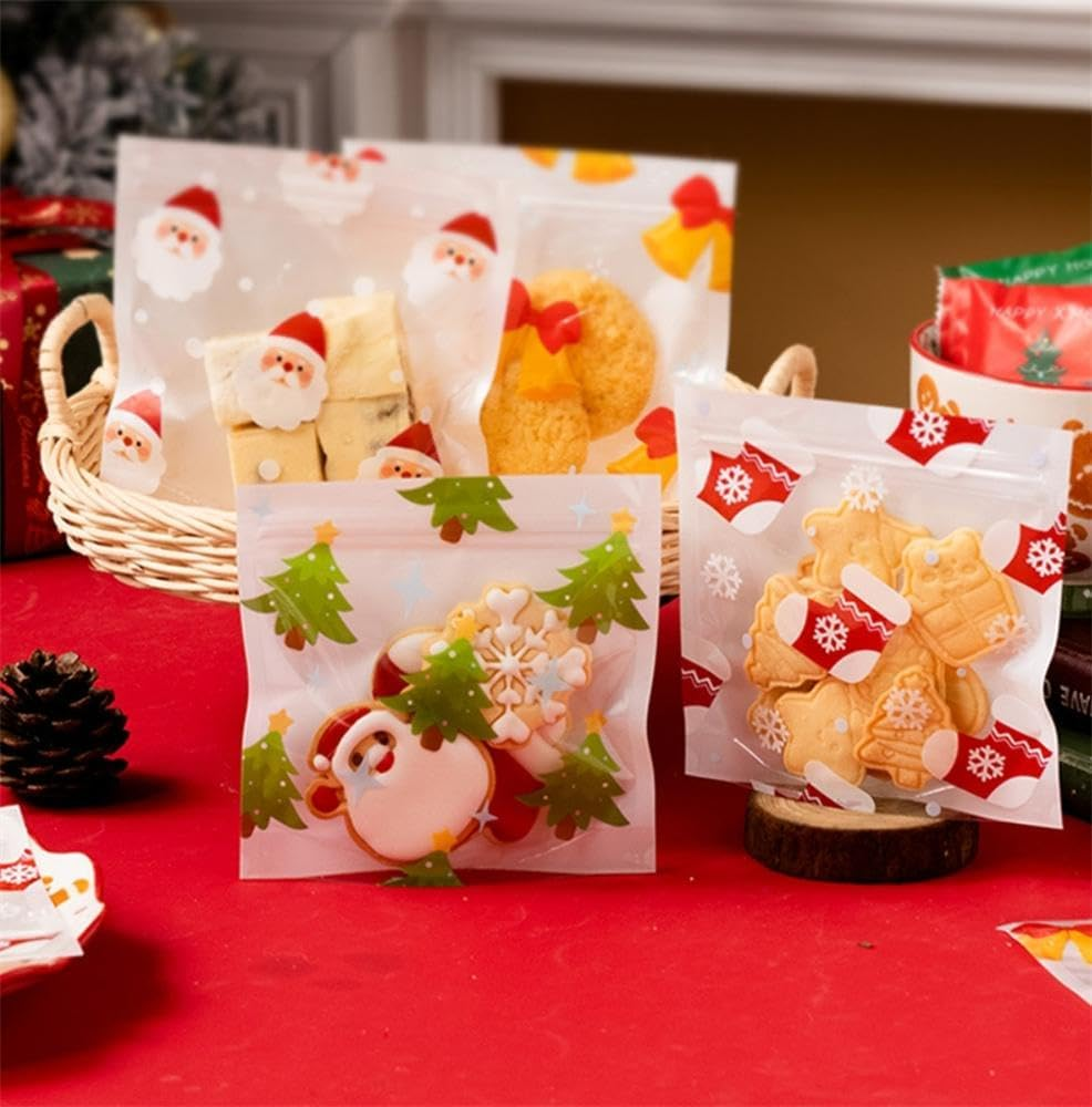 NIXNUT 50Pcs Christmas Candy Cookie Bag Treat Gift Bag with Zip for Party Baking Food Dessert Package Homemade Crafts Cute Patterns