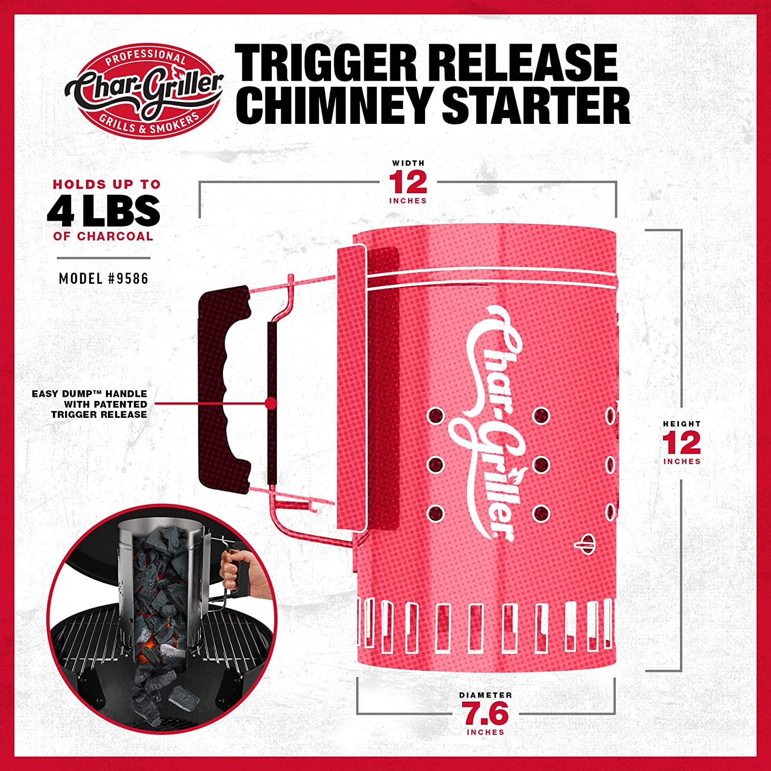 Char-Griller&reg; Charcoal Grill Chimney Starter with Quick Release Trigger for Quickly Lighting BBQ Coals, Compatible with Any BBQ Charcoal Grill, 12-Inch image number 2