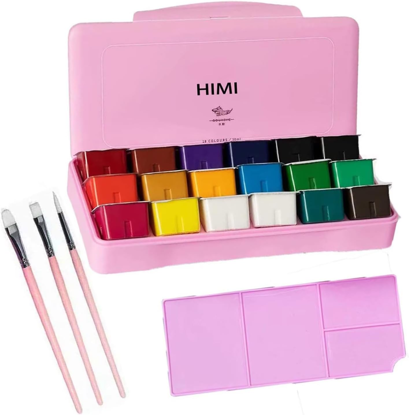 HIMI Gouache Paint Set 18 Colors X 30Ml Premium Jelly Cup Design Comes with 3 Paint Brushes & Palette Easy to Carry Suitable for Students Children Beginners Artists (Green Box）