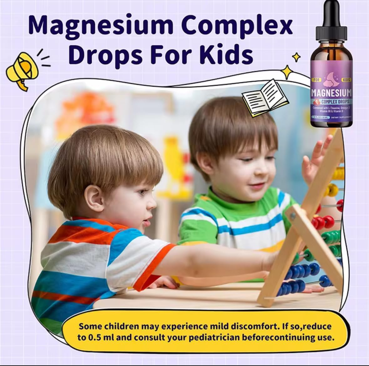 Kids Magnesium Glycinate Liquid Drops with L-Theanine, Omega-3, Vitamin B6 & Vitamin D3, Strawberry Flavour Calm & Wellness Support, Easy Dropper Liquid Supplement for Children, 60 Ml (2 Fl Oz) image number 3