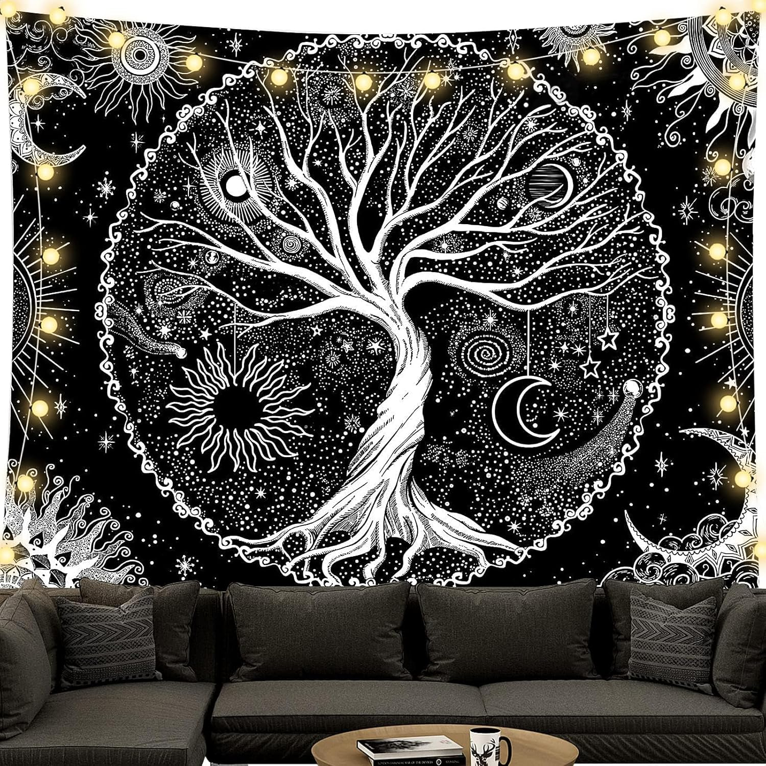 Tapestry Wall Hanging, Black and White Tree of Life Tapestries Moon Phases Tapestry for Living Room Bedspread Room Bedroom (L/150 X 200 Cm) image number 2