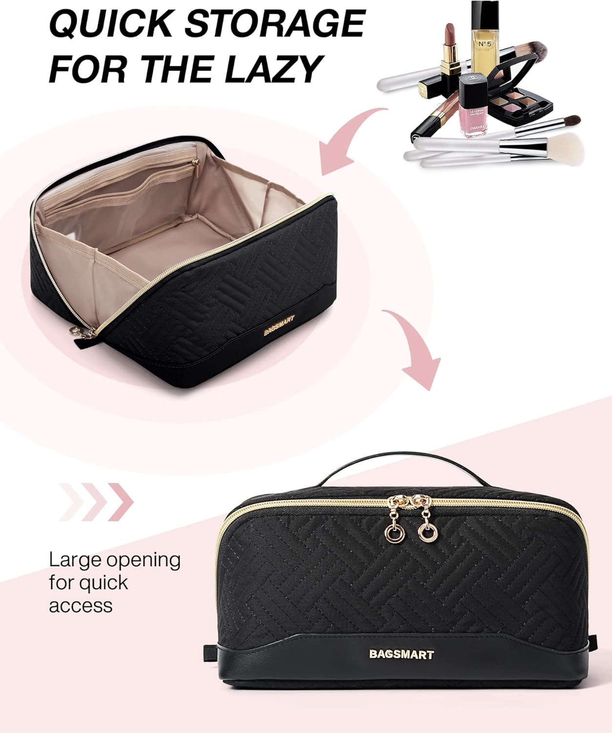 BAGSMART Makeup Bag Cosmetic Bag, Travel Makeup Bag,Water-Resistent Makeup Bags for Women Portable Pouch Open Flat Make up Organizer Case for Toiletries, Brushes, Black