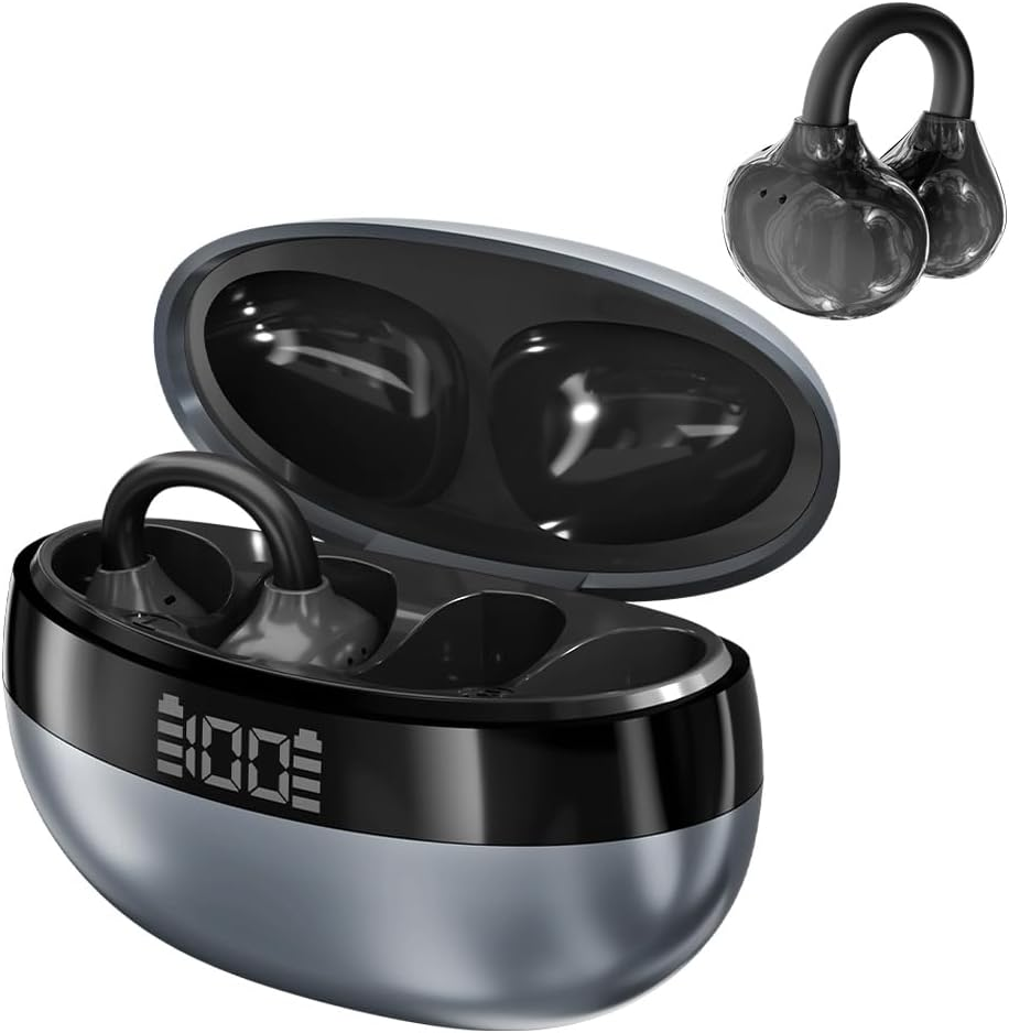 Caijin Clip-On Open-Ear Bluetooth Headphones, Wireless, Bluetooth 6.0, 60 Hours Ultra Long Battery Life, Comfortable and Pain-Free, Ideal for Sports, Office & Fitness, Black
