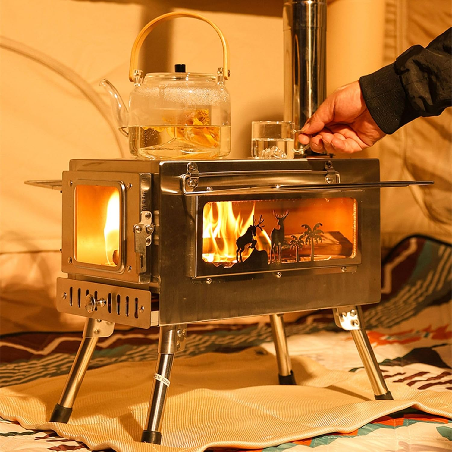 Portable Stainless Steel Camping Tent Stove Multifunctional Wood Burner with Both View Window, Outdoor Heater Cooker for Backpacking Hiking Fishing image number 5