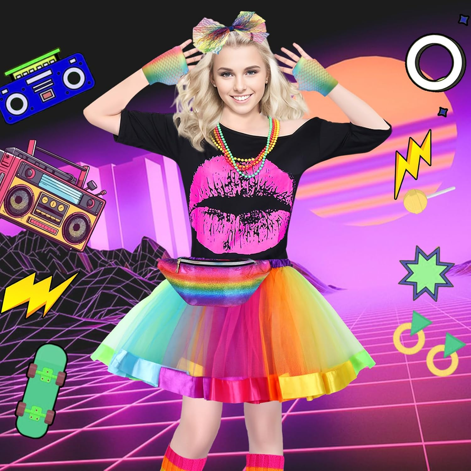 80S Fancy Dress for Women 80S Costume Accessories Set Lips Print T-Shirt Adult Tutu Skirt Lace Headband Neon Earrings Necklace Leg Warmers Fishnet Gloves Bracelet for Party image number 4