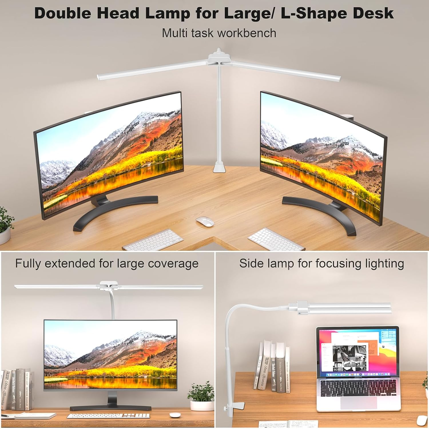 LED Desk Lamp Double Head, Eye-Caring Architect Desk Lamps for Home Office,3 Lighting Modes & 10 Level Brightness Adjustable Gooseneck Clamp Desk Light (White) image number 2