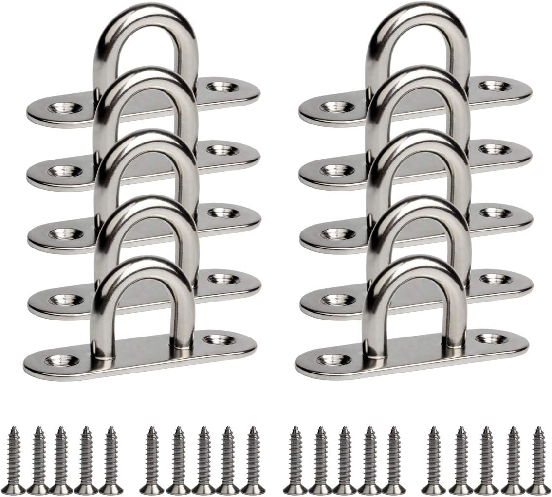 WOFTD 10-Pack 304 Stainless Steel Ceiling Hook Ring Hooks 1. 8 Inch M5 Strip Type Eye Plate with Enclosed Hook Boat Rigging Heavy Duty Ceiling & Wall Mount Hanging Hardware Fitting image number 1